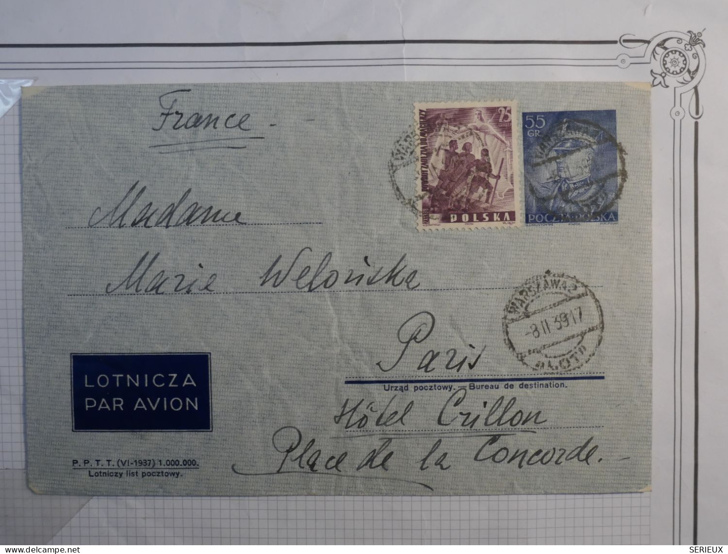 BS3 POLSKA  BELLE  LETTRE RR 1939 VARSOVIE +COLLECTION HOTEL CRILLON  PARIS +AFF . INTERESSANT +++++ - Sonstige & Ohne Zuordnung