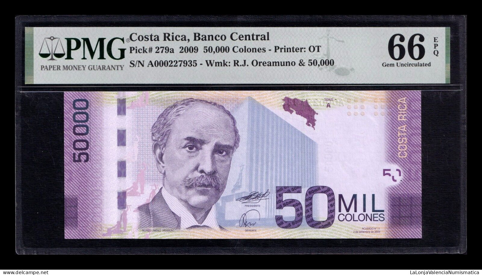 Costa Rica 50000 Colones 2009 Pick 279a PMG 66 EPQ Sc Unc - Costa Rica