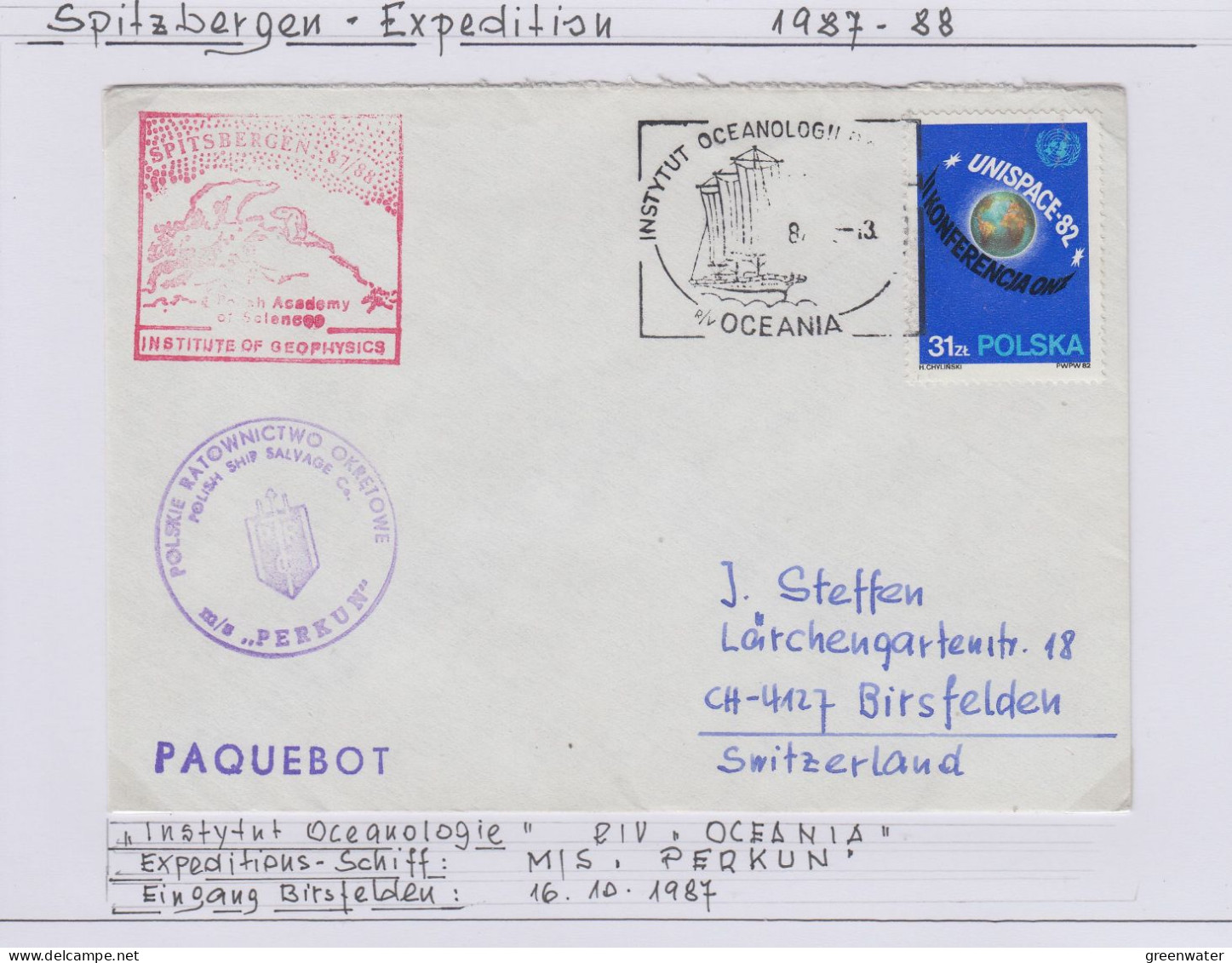 Poland Spitsbergen Expedition Cover Ca Ms Perkun Ca Oceania Ca Polish Acadely Ca 1987 (IN153) - Expéditions Arctiques