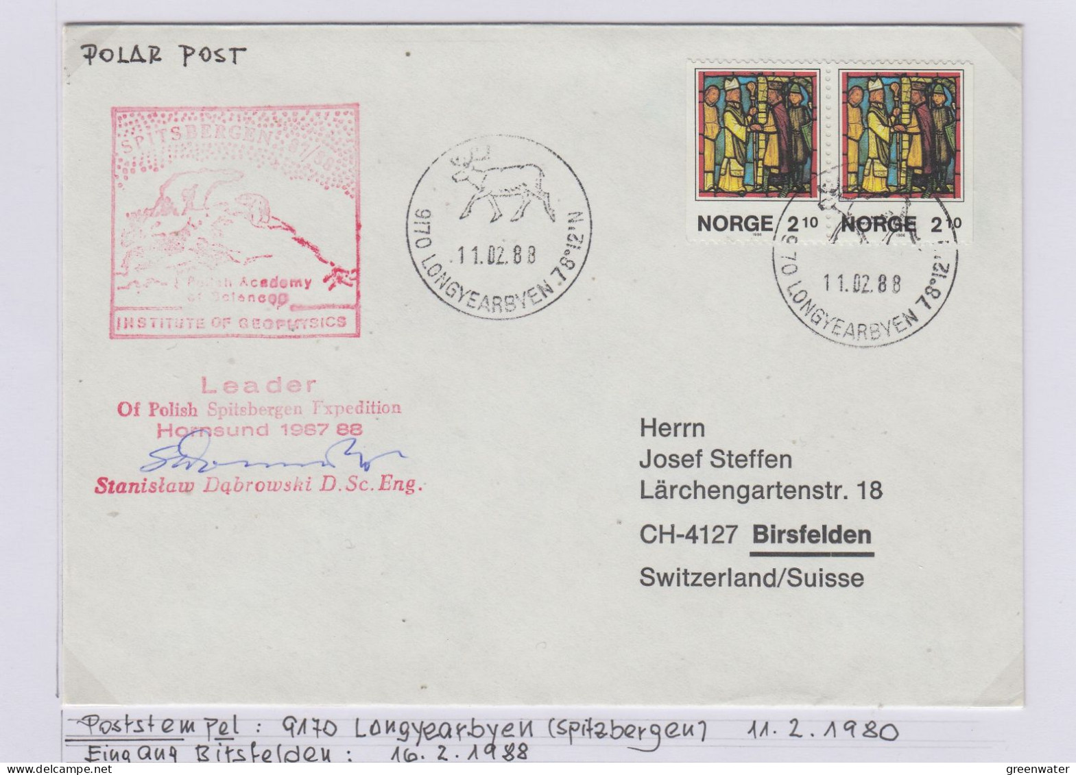 Norway Polish Spitsbergen Expedition Cover Signature Leader Expedition Ca Longyearbyen 11.02.1988 (IN153A) - Expéditions Arctiques