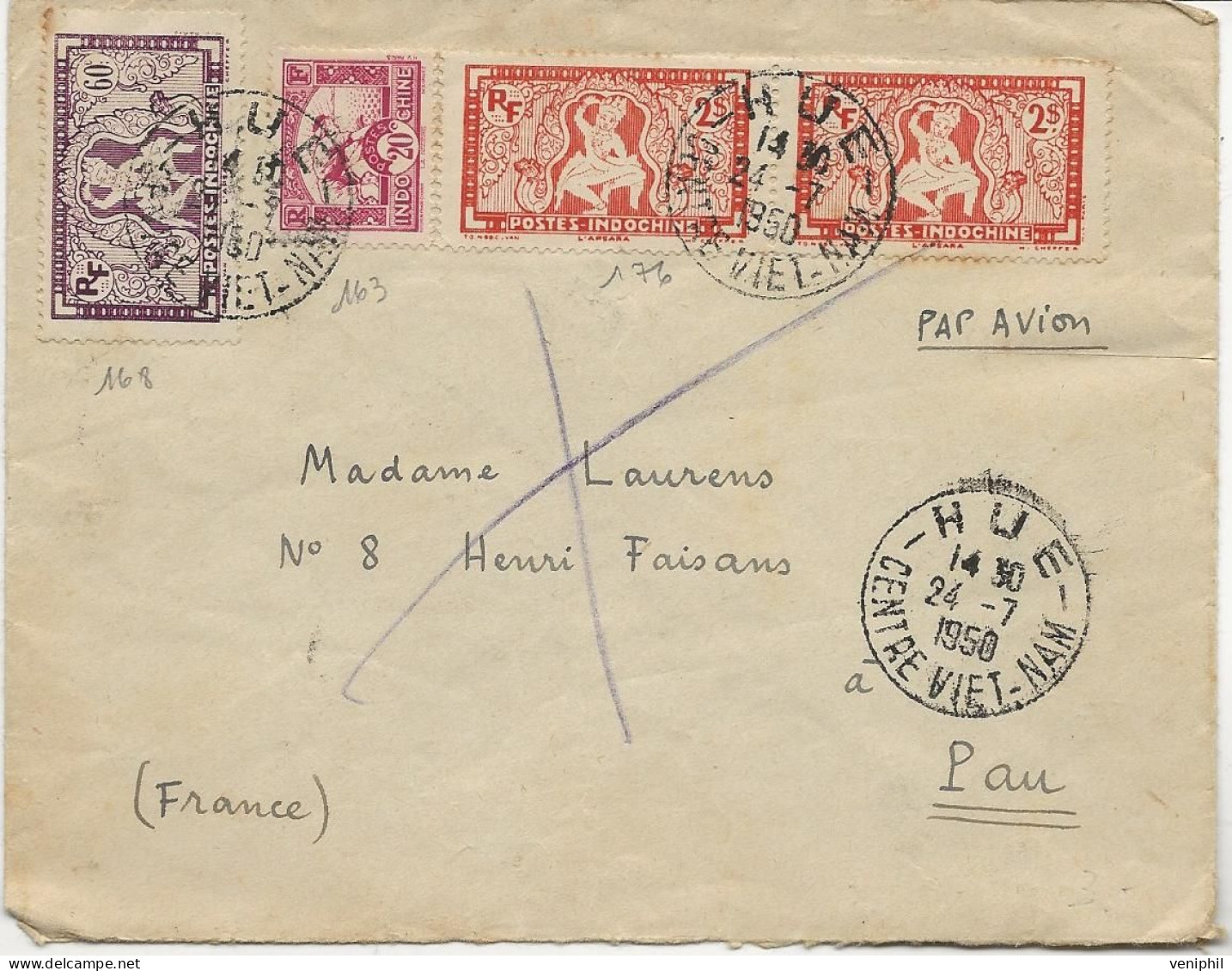 INDOCHINE - LETTRE AFFRANCHIE N° 161-163-ET 176 X2 - OBLITEREE CAD HUE -CENTRE VIET-NAM -1950 - Lettres & Documents