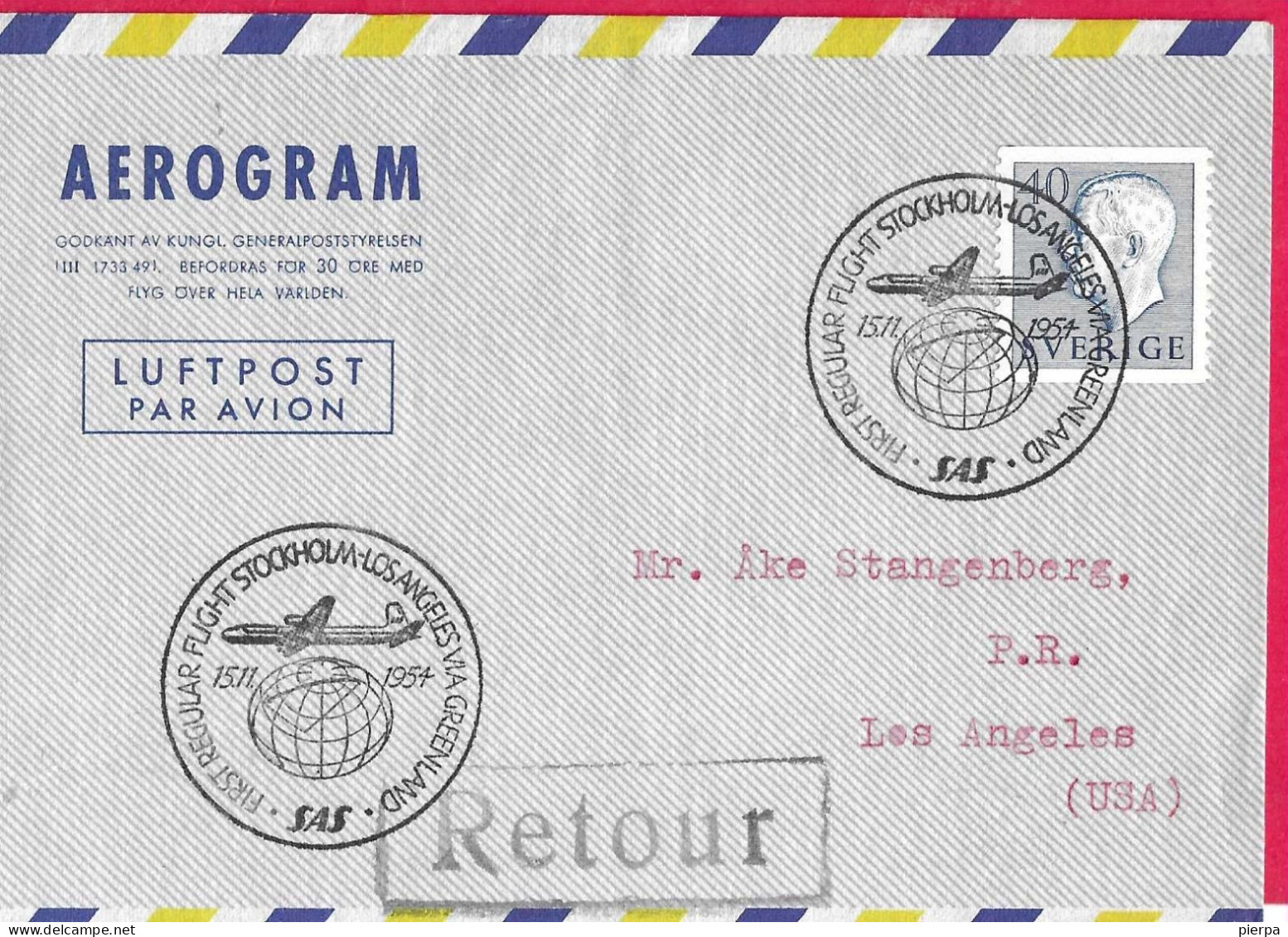 SVERIGE - FIRST FLIGHT S.A.S VIA GREENLAND FROM STOCHKOLM TO LOS ANGELES *15.11.1954* ON OFFICIAL COVER - Brieven En Documenten