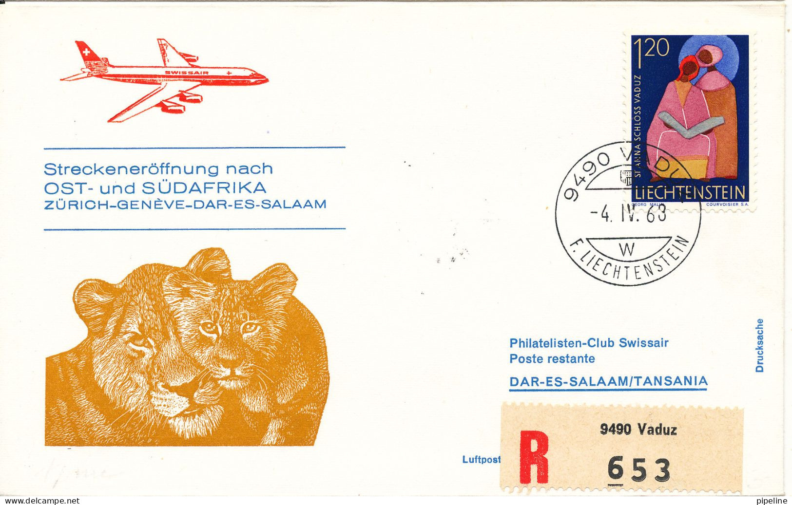 Liechtenstein Swissair First Flight Cover Zürich - Geneve - Dar Es Salaam 4-4-1963 - Briefe U. Dokumente