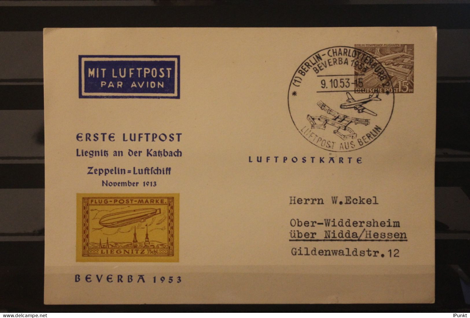 Berlin 1953; Ganzsache BEVEBRA 1953; MiNr. 48, Sonderstempel Erste Luftpost, Luftpostkarte, Selten - Privé Postkaarten - Gebruikt