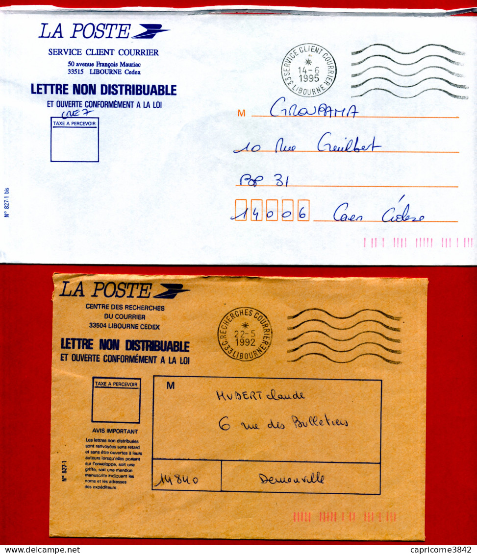 1992/1995 - Cachet "RECHERCHE COURRIER" Et "SERVICE CLIENT COURRIER" De Libourne - Lettre Non Distribuable - - Burgerlijke Brieven Zonder Portkosten