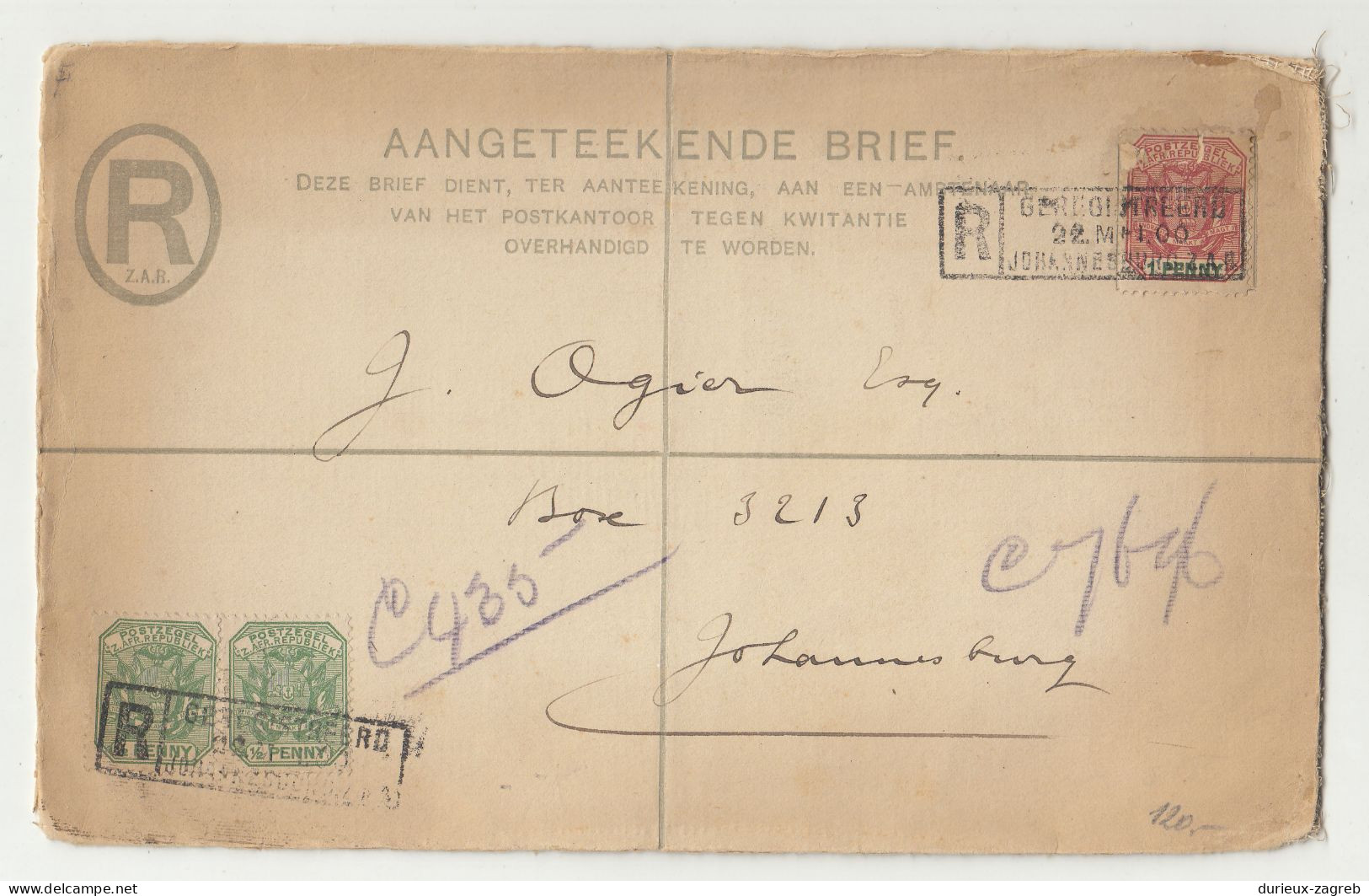 South Africa ZA Republiek Postal Stationery Registered Letter Cover Posted 1900 B230510 - Nieuwe Republiek (1886-1887)