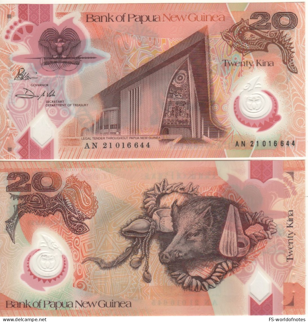 PAPUA NEW GUINEA  New 20 Kina "  AN 2021"  Polymer    Parliament Building +   Boar, Conches  At Back  UNC - Papouasie-Nouvelle-Guinée