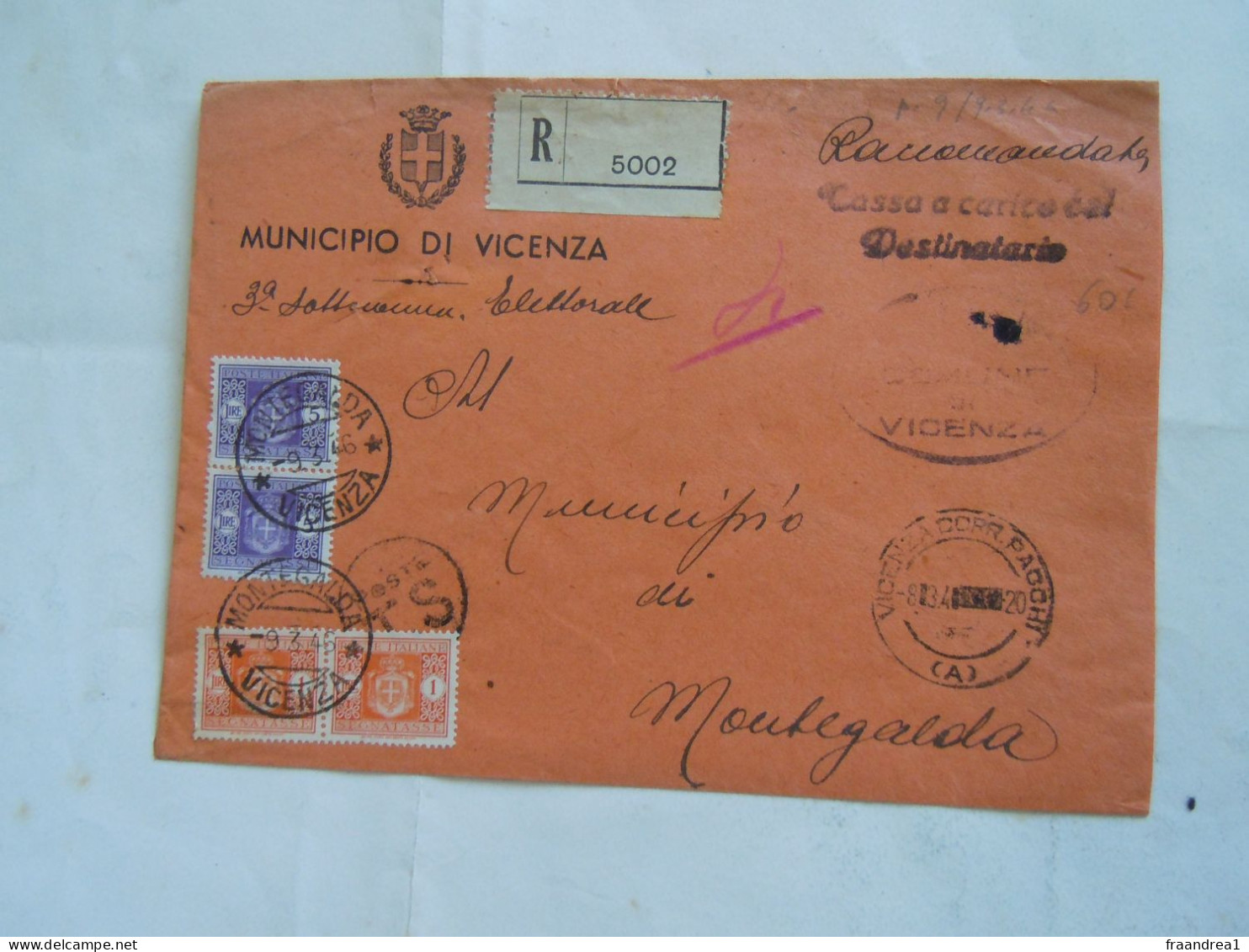 R.S.I. -CARTOLINA POSTALE -#-  1944 RACCOMANDATA VICENZA PER MONTEGALDA CON SEGNATASSE 5LIRE X2 - Strafport