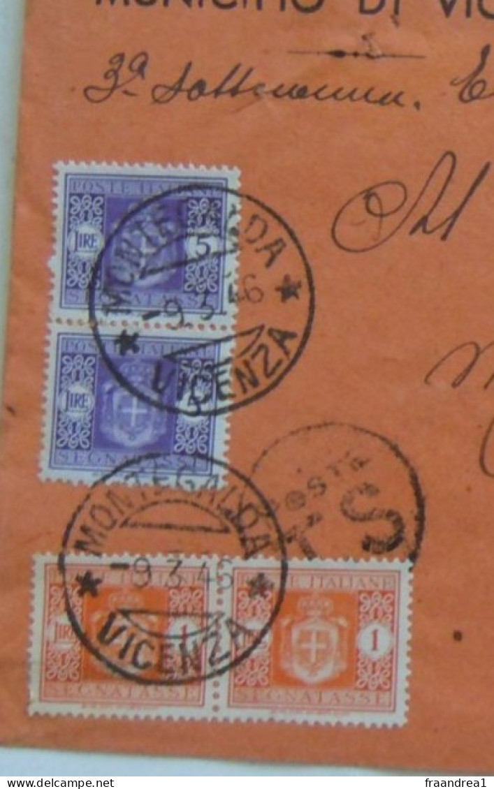 R.S.I. -CARTOLINA POSTALE -#-  1944 RACCOMANDATA VICENZA PER MONTEGALDA CON SEGNATASSE 5LIRE X2 - Strafport