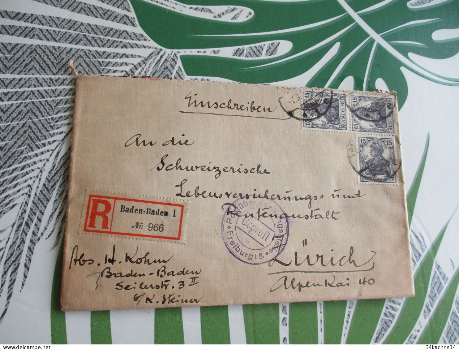 Lettre Allemagne Deutschland X3TP En Recommandé Baden Baden Cachet Reiburg... 1919 Pour Zurich Suisse.... - Briefe U. Dokumente