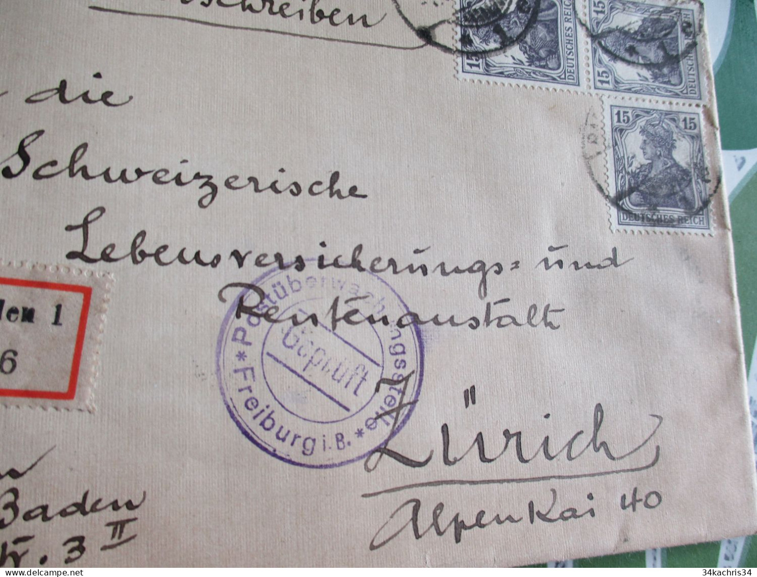 Lettre Allemagne Deutschland X3TP En Recommandé Baden Baden Cachet Reiburg... 1919 Pour Zurich Suisse.... - Briefe U. Dokumente