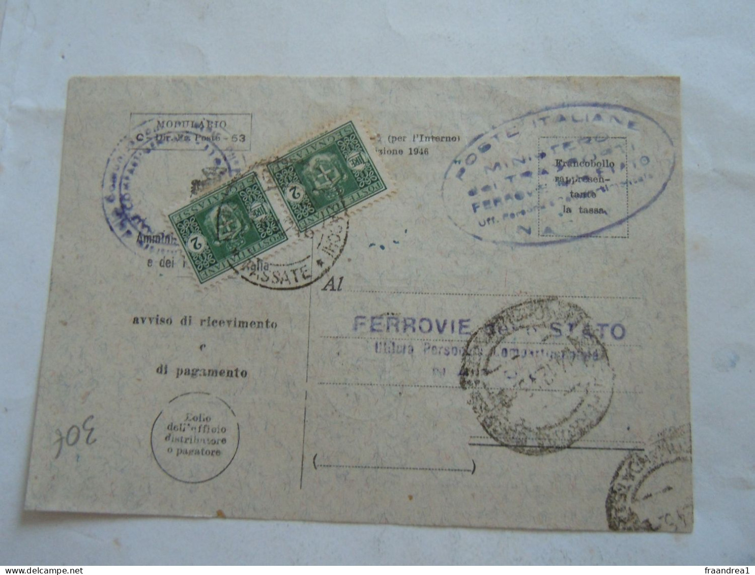 R.S.I.  -#-  1945 AVVISO DI RICEVIMENTO DI PAGAMENTO 2 MARCHE  2 LIRE FERROVIE - Postage Due