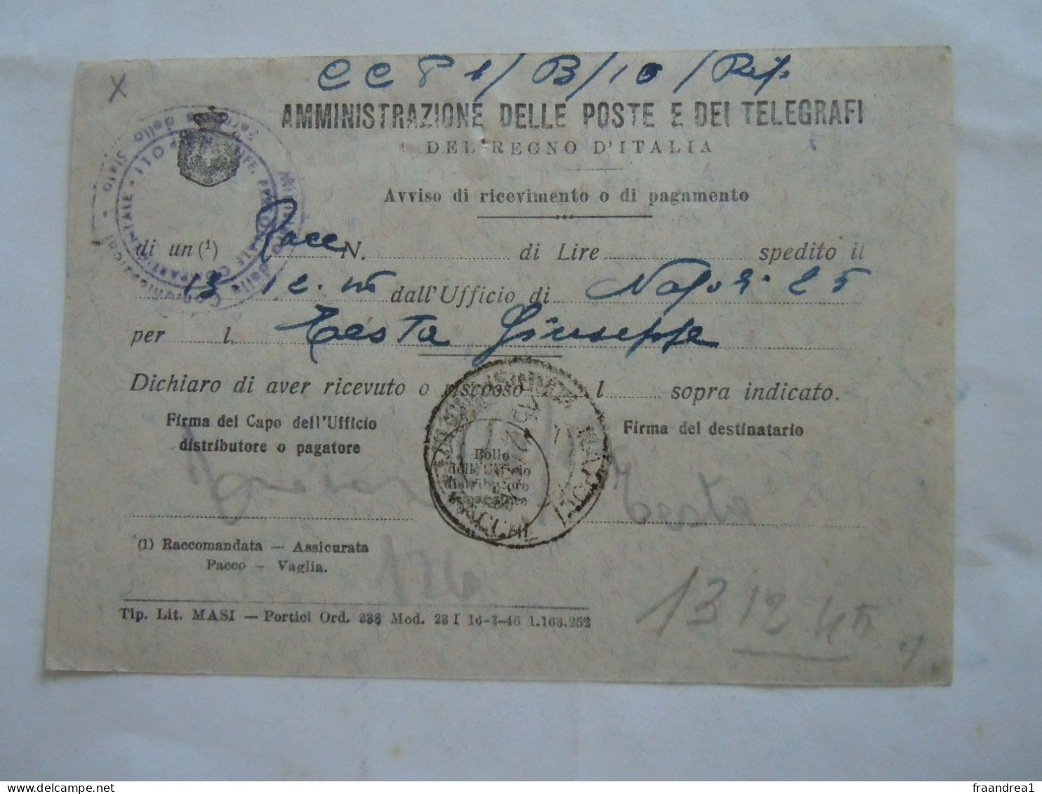 R.S.I.  -#-  1945 AVVISO DI RICEVIMENTO DI PAGAMENTO 2 MARCHE  2 LIRE FERROVIE - Postage Due