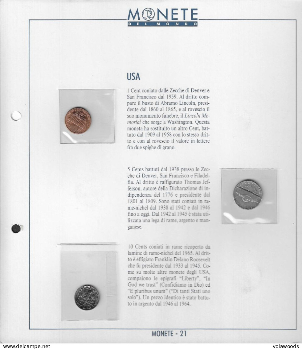 USA - Monete Del Mondo - Fascicolo 21: 1 Cent UNC 1989; 5 Cents 1982; 10 Cents UNC 1987 - Collections