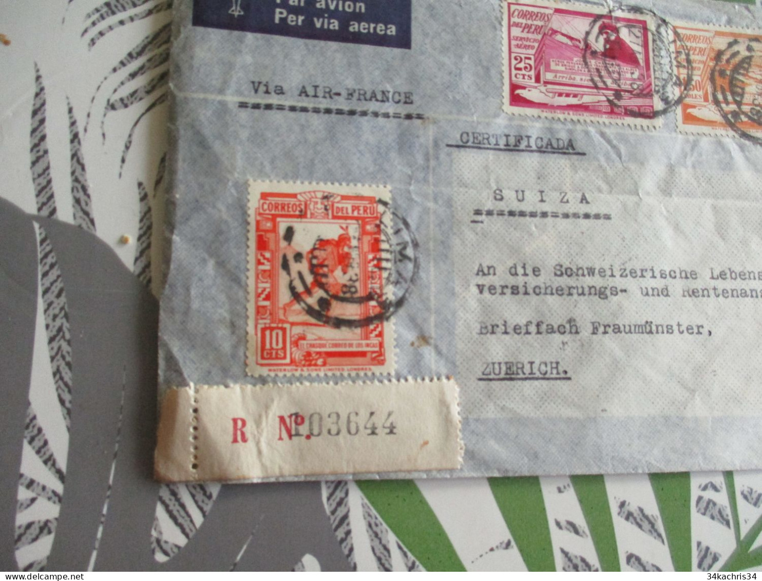 Lettre Pérou Péu En Recommandé 3 TP Par Air France  Lima 1939   Pour Zurich Suisse - Peru