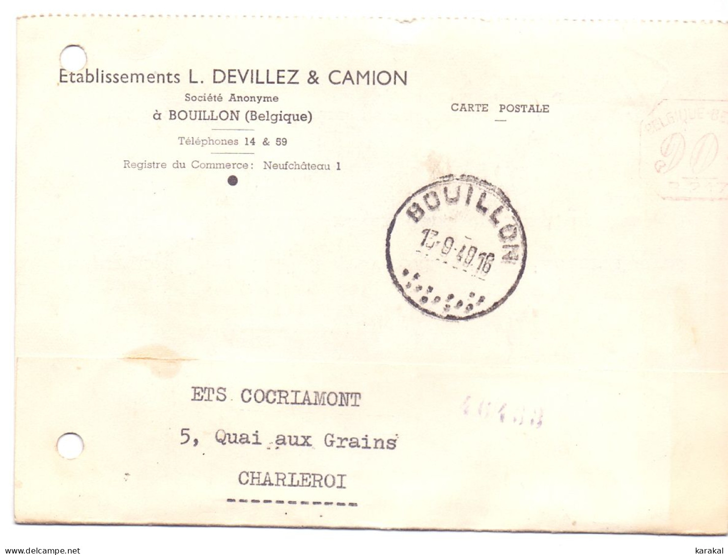 Carte-postale Etablissements L. Devillez & Camion Avec Empreinte Machine Faible 90c Bouillon 1949 - ...-1959