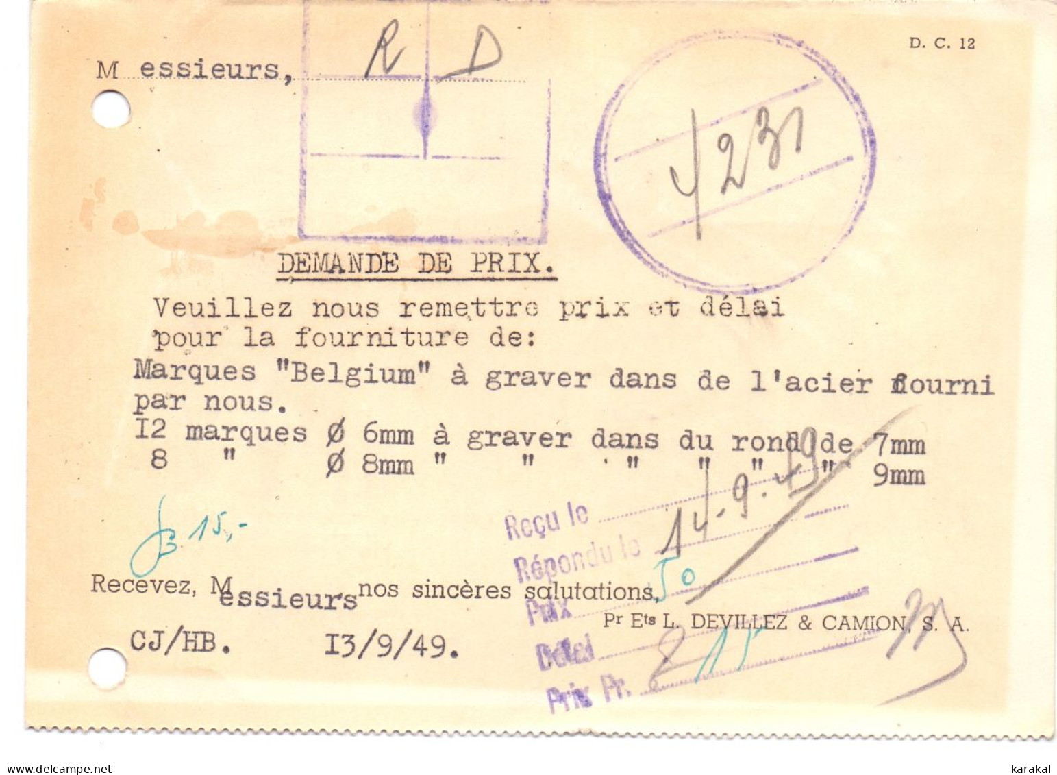 Carte-postale Etablissements L. Devillez & Camion Avec Empreinte Machine Faible 90c Bouillon 1949 - ...-1959