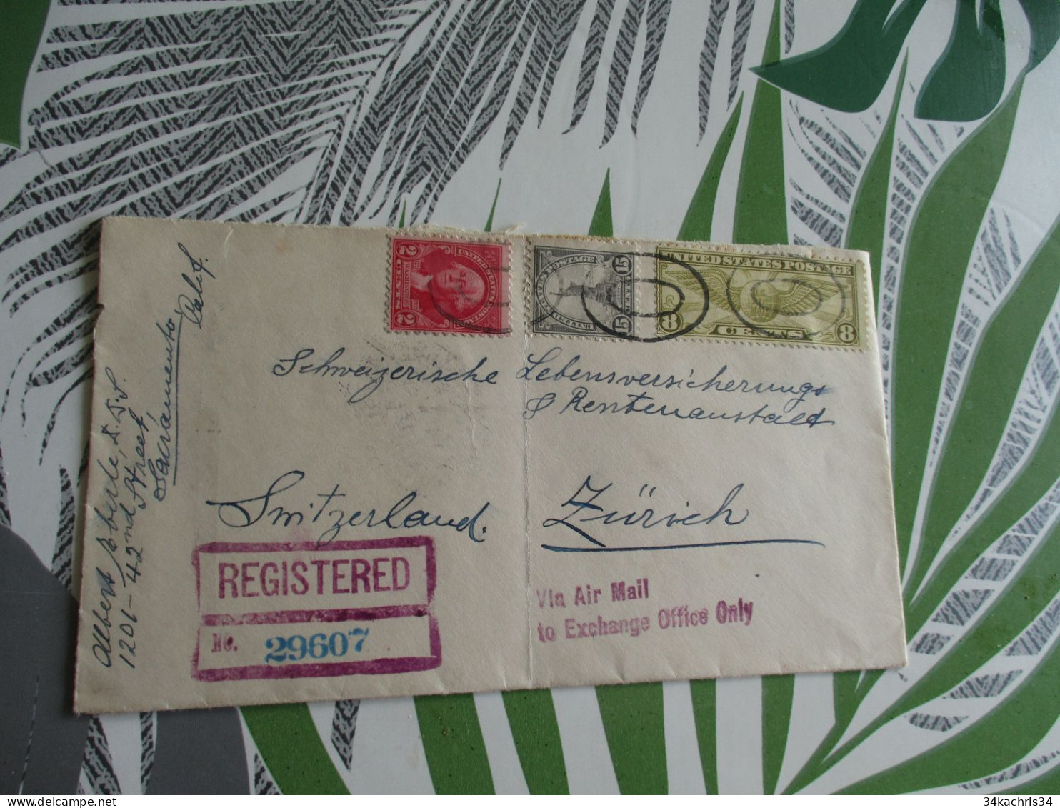 Lettre USA United States Sacramento Registred 3 Old Stamps Via Air Mail To Exchange Office Only 1933  Pour Zurich Suisse - Brieven En Documenten