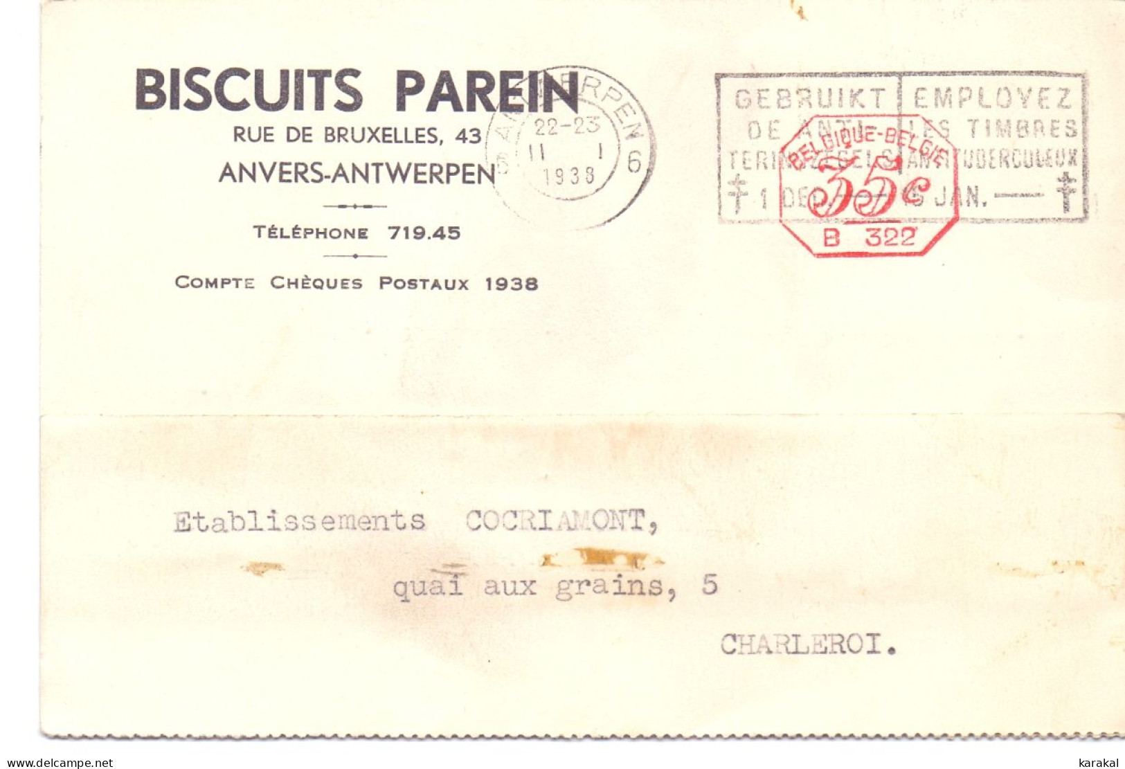 Carte-postale Biscuits Parein Anvers Avec Empreinte Machine B322 Antwerpen 1938 - ...-1959