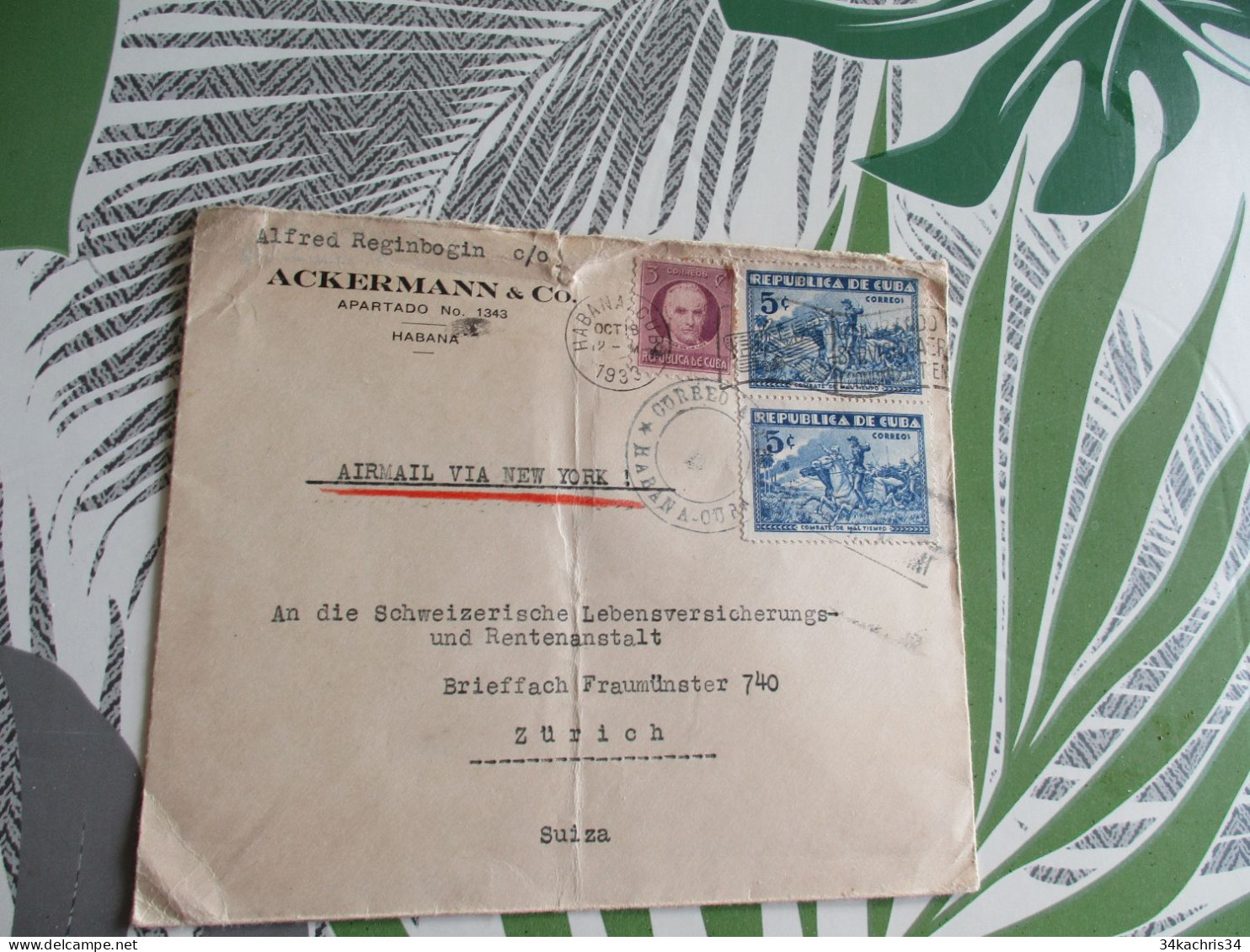 Lettre Cuba  3old Stamps Habana Alfred Reginbogin 1933  Pour Zurich Suisse - Lettres & Documents