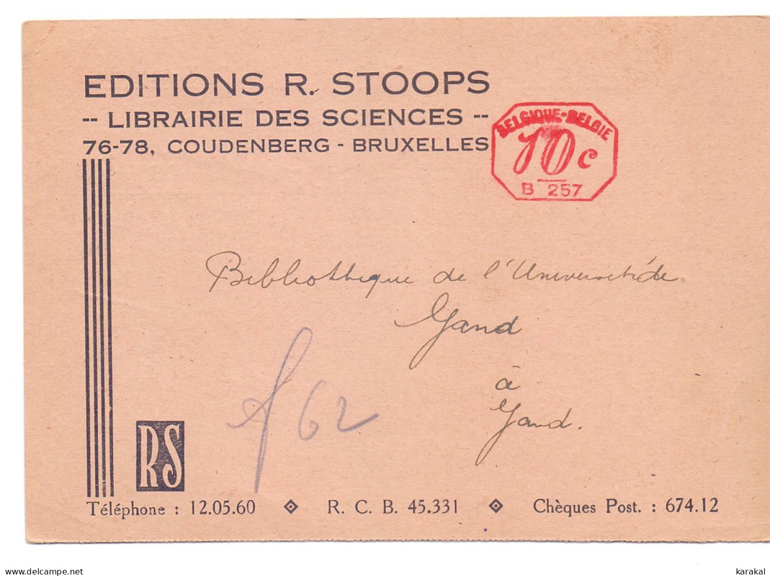Carte-postale Editions R. Stoops Librairie Des Sciences Empreinte Machine B257 Bruxelles Coudenberg - ...-1959