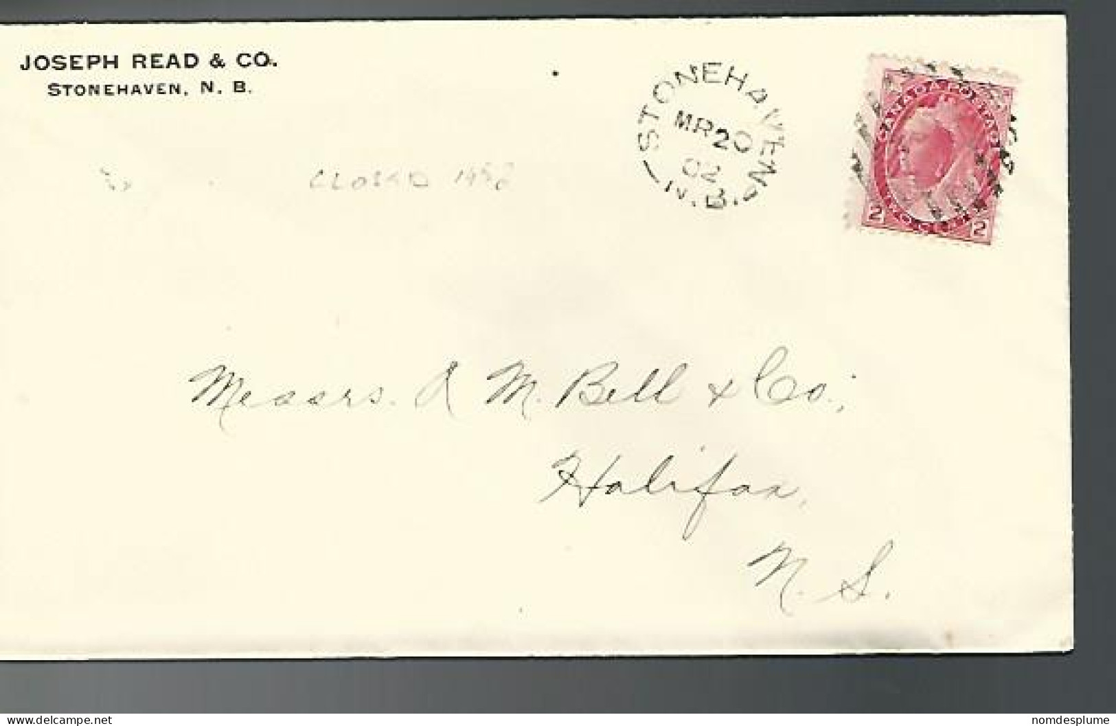 57996) Canada 1902 Stonehaven Bathurst Halifax Postmark Cancel Duplex Closed Post Office - Covers & Documents