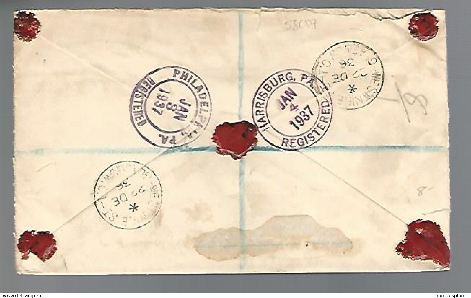 58007)  Great Britain Registered Glasgow 1937  To US Postmark Cancel Sealing Wax - Brieven En Documenten