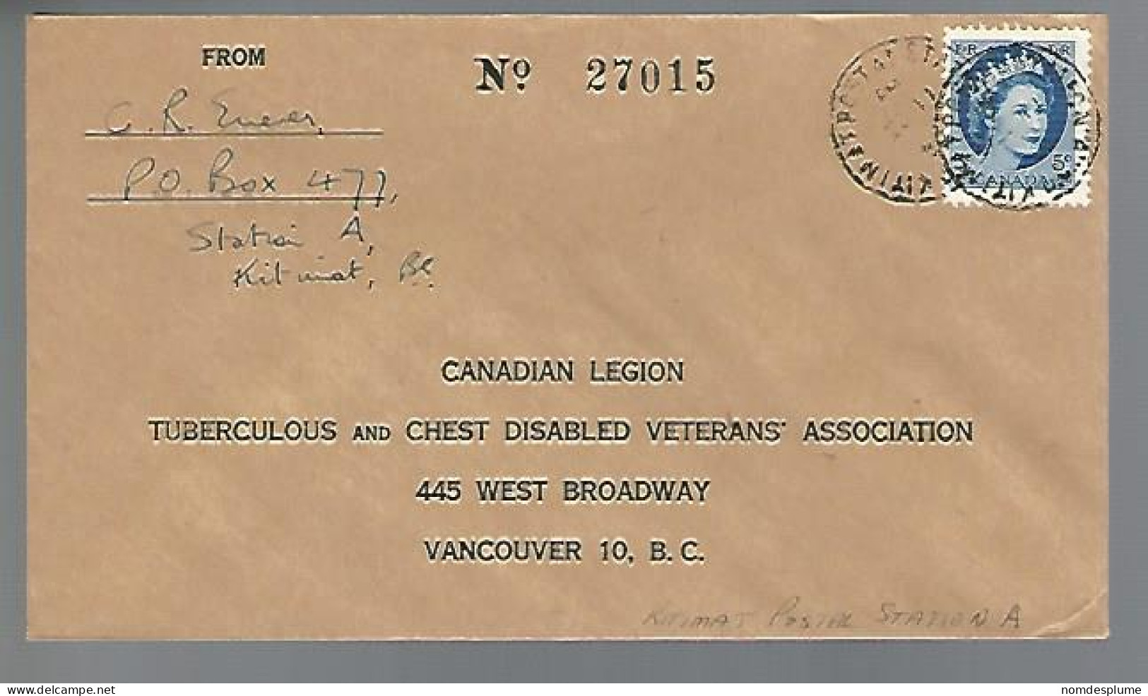 58008)  Canada Kitimat Postal Station A Postmark Cancel 1954-1957 - Brieven En Documenten