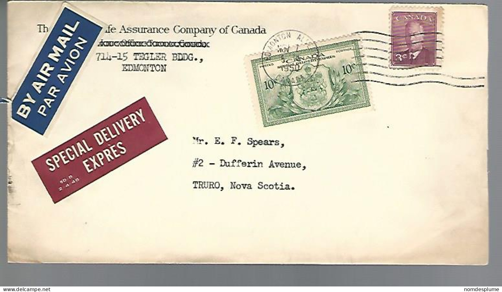 58020) Canada Air Mail Special Delivery Edmonton Truro Postmark Cancel 1950 - Airmail: Special Delivery