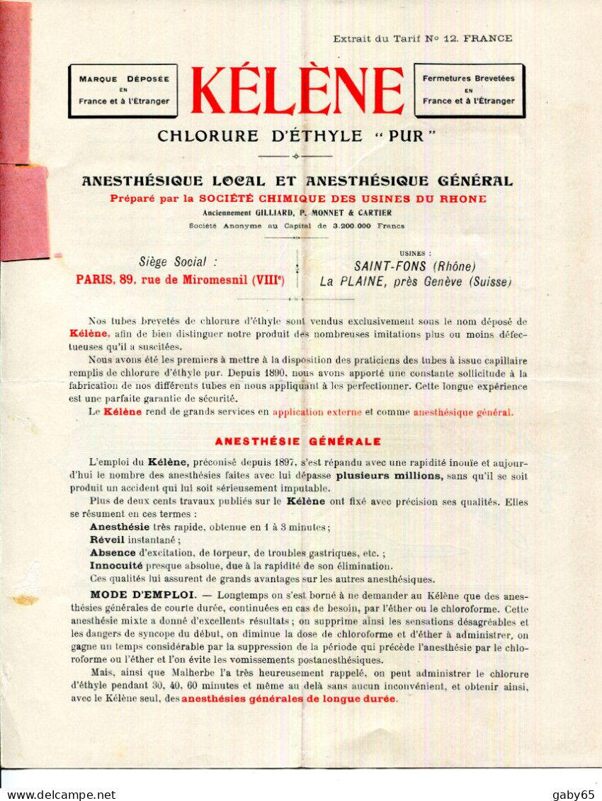 69.SAINT FONS.SUISSE .LA PLAINE.ANESTHESIQUE LOCAL ET GENERAL " KELENE " CHLORURE D'ETHYLE PUR. - Drogisterij & Parfum