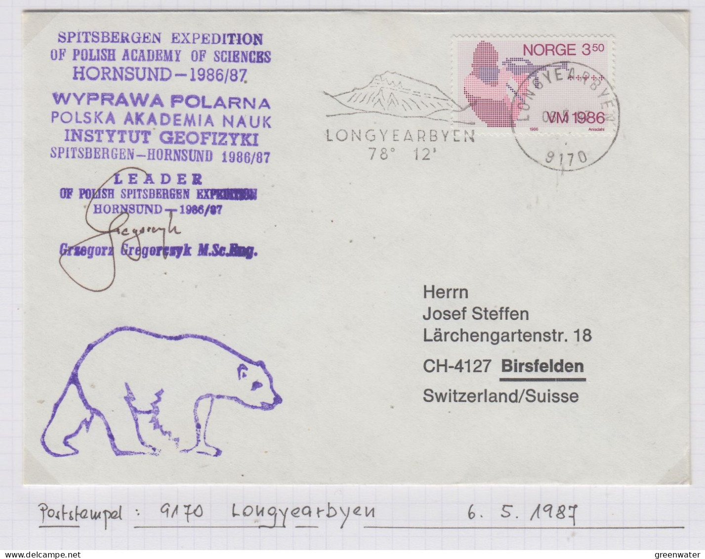 Poland Polish Spitsbergen Expedition Cover Signature Leader Expedition Ca Longyearbyen 6.5.1987 (IN169A) - Arctic Expeditions