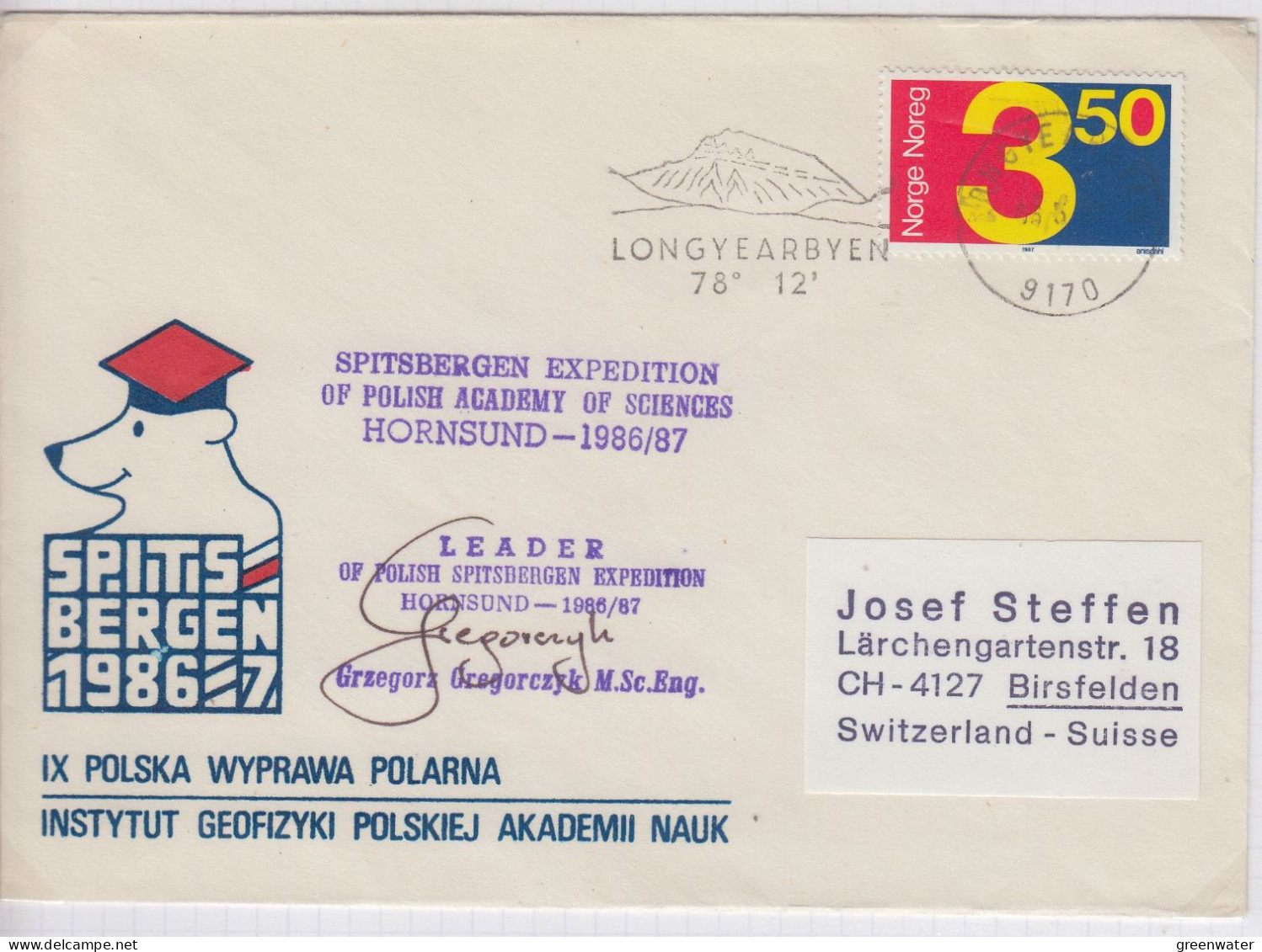 Norway Polish Spitsbergen Expedition Cover Signature Leader Expedition Ca Longyearbyen 6.5.1987 (IN169B) - Expediciones árticas