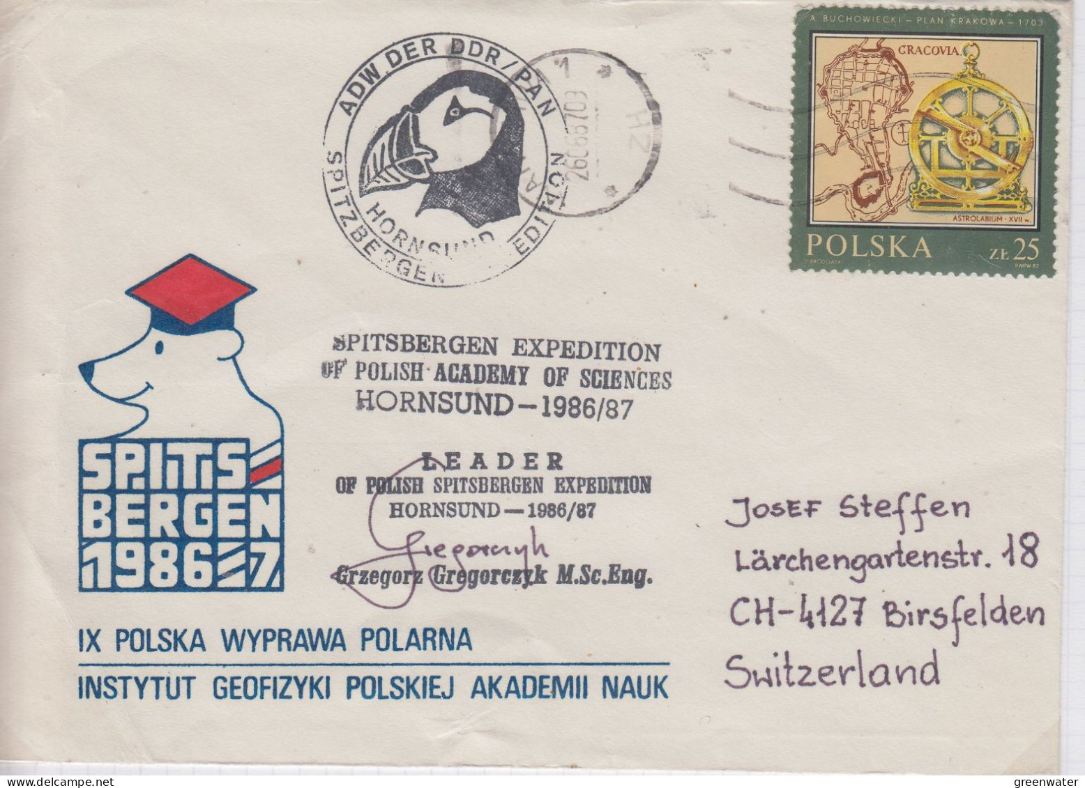 Poland Polish Spitsbergen Expedition Cover Signature Leader Expedition Ca 26.06.1987 (IN169C) - Expéditions Arctiques