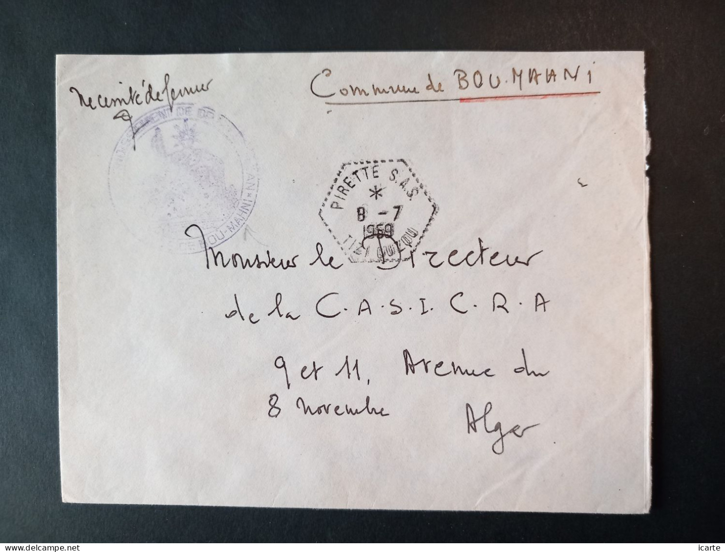 Oblitération Hexagonale Tiretée PIRETTE S.A.S. Et Cachet Bou-Mahni Sur Lettre Du 8-7-1959 - Guerre D'Algérie