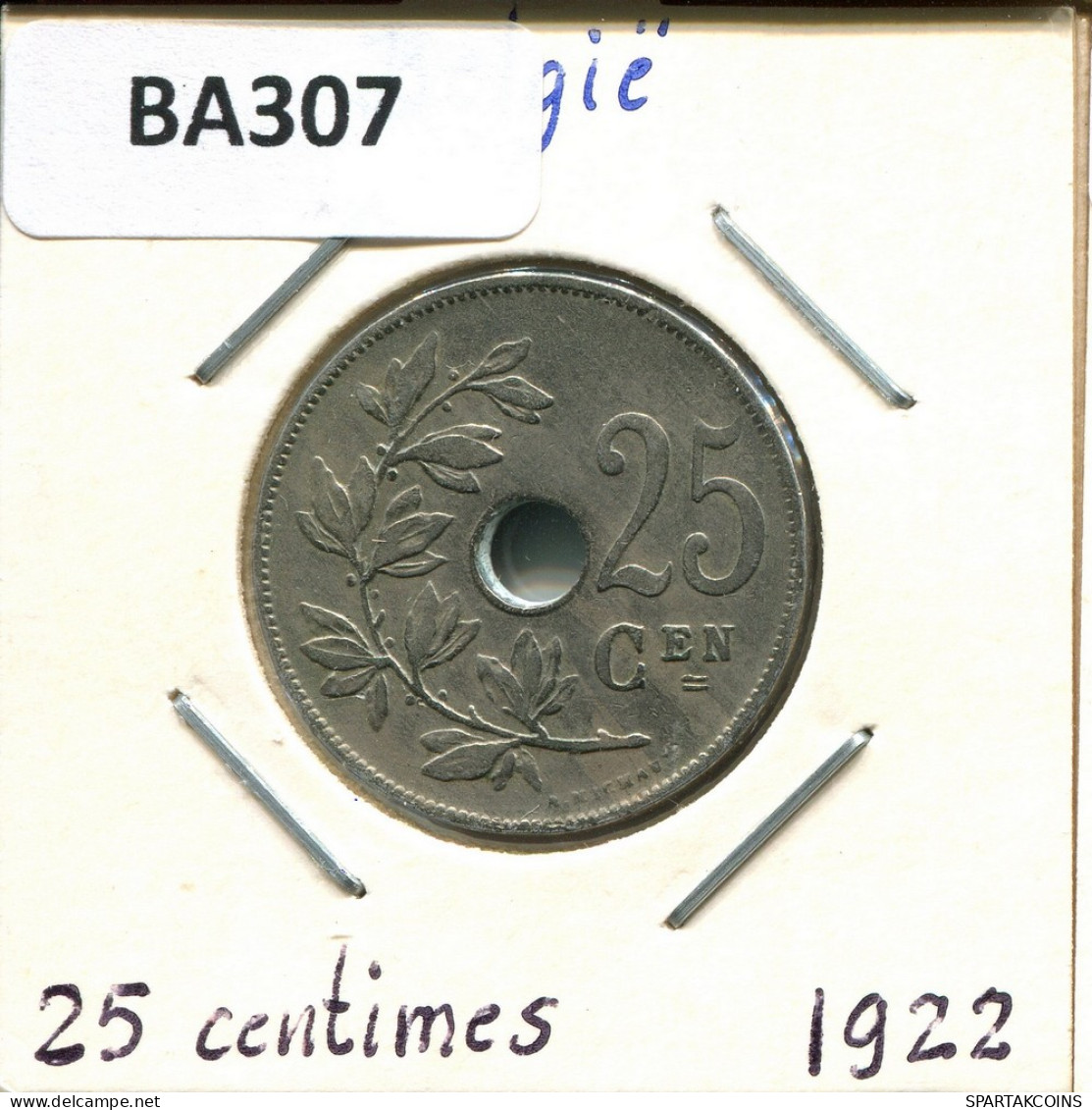 25 CENTIMES 1922 DUTCH Text BELGIQUE BELGIUM Pièce #BA307.F - 25 Cent