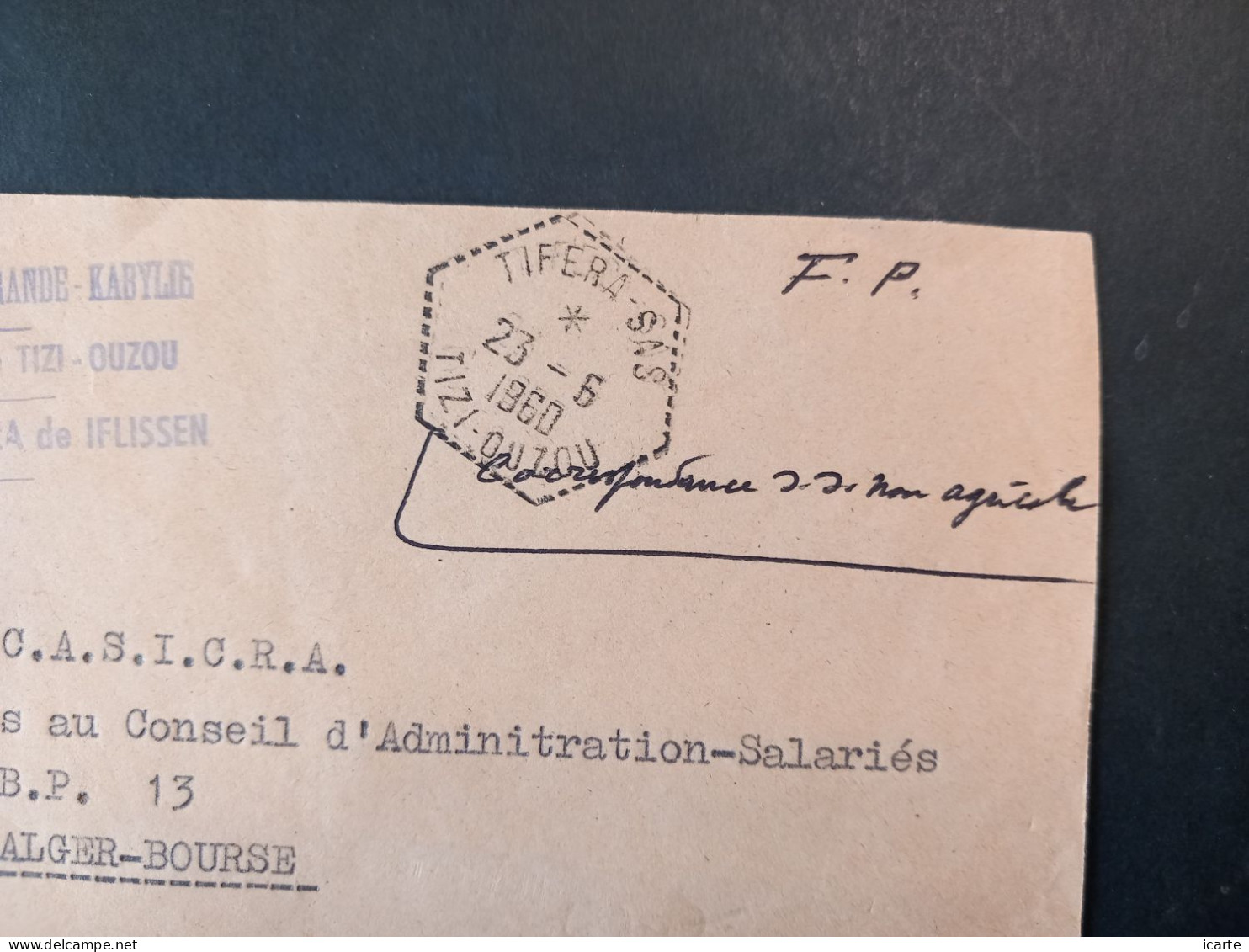 Oblitération Hexagonale Tiretée TIFERA S.A.S. Et Cachet Idem Sur Lettre Du 23-6-1960 - Guerre D'Algérie