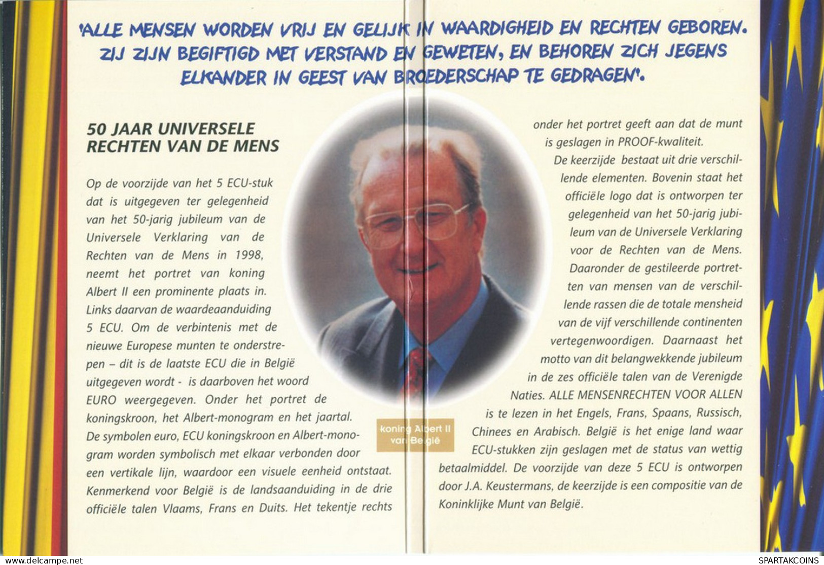 BELGIEN BELGIUM 5 ECU 50TH ANNIVERSARY - HUMAN DECLARATION 1998 Ag #SET1068.7.D - Other & Unclassified