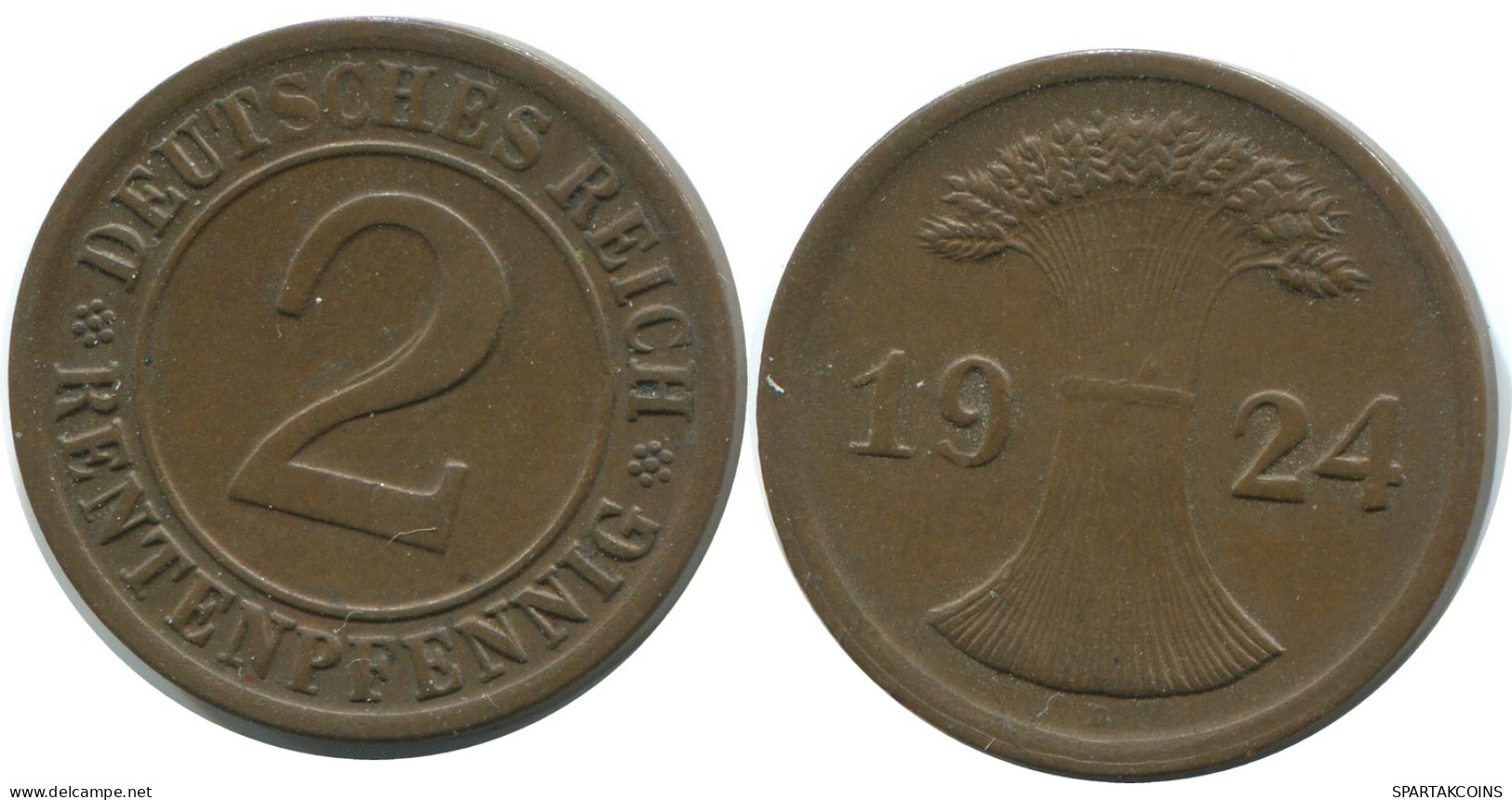 2 RENTENPFENNIG 1924 D DEUTSCHLAND Münze GERMANY #AE277.D - 2 Renten- & 2 Reichspfennig