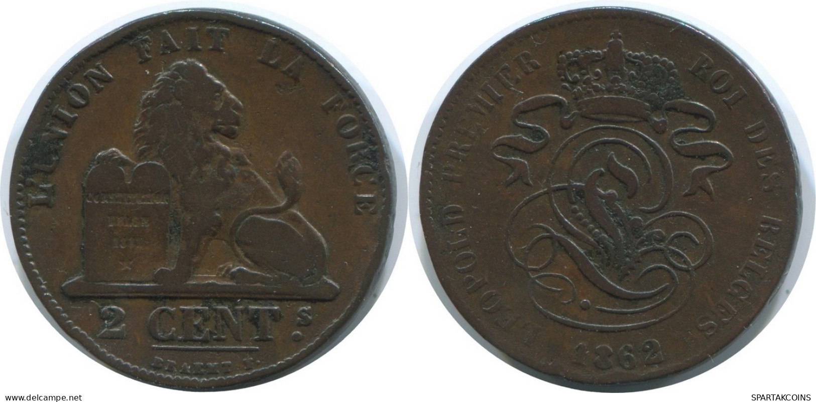 2 CENTIMES 1862 FRENCH Text BÉLGICA BELGIUM Moneda #AE746.16.E - 2 Cent