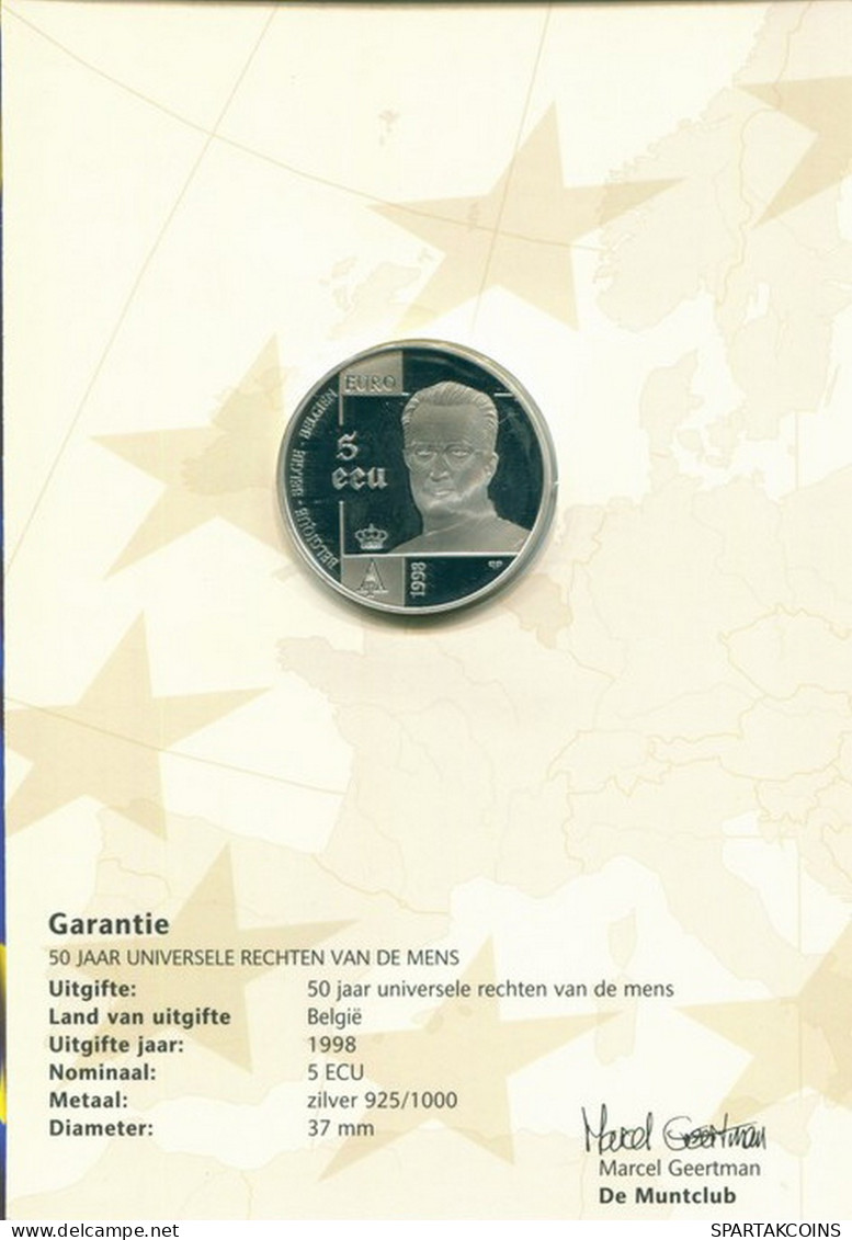 BÉLGICA 5 ECU 50TH ANNIVERSARY - HUMAN DECLARATION 1998 PLATA #SET1068.7.E - Autres & Non Classés