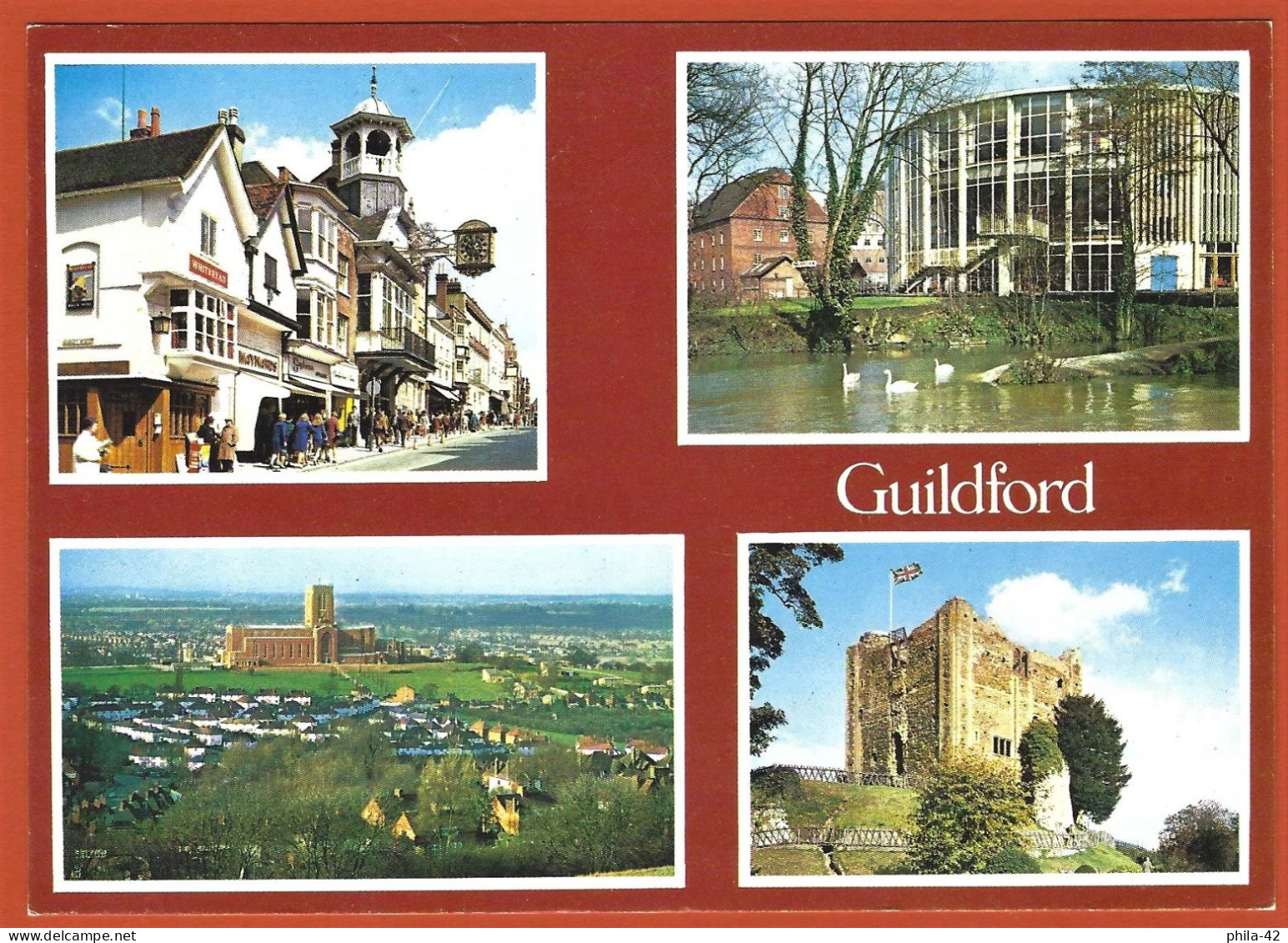 England - Guildford : Cathedral, Castle, Hight Street & Arnaud Theater - Written Postcard 1994 - Good Condition - Surrey