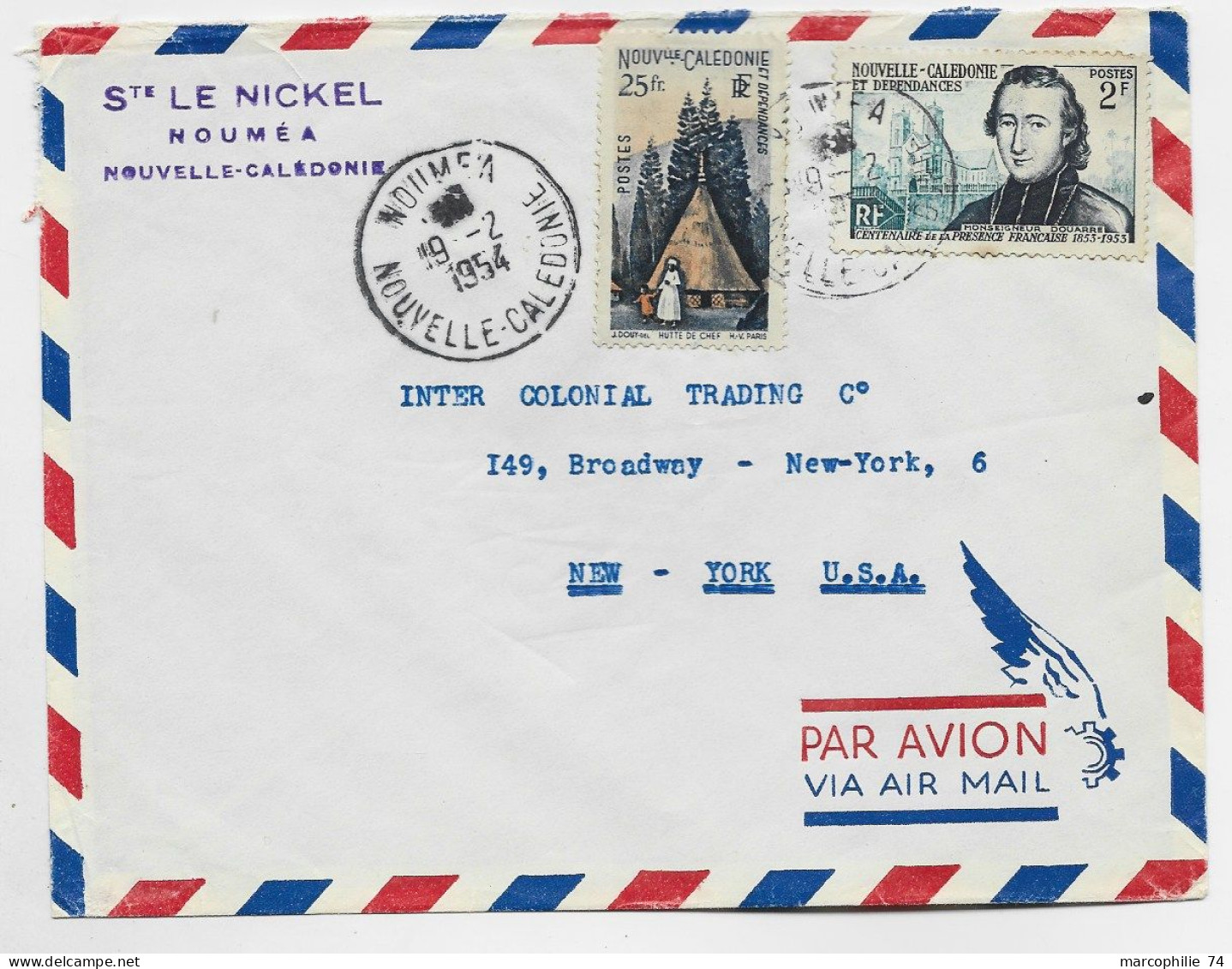 NOUVELLE CALEDONIE 25FR+2FR LETTRE AVION NOUMEA 19.2.1954 POUR USA - Lettres & Documents