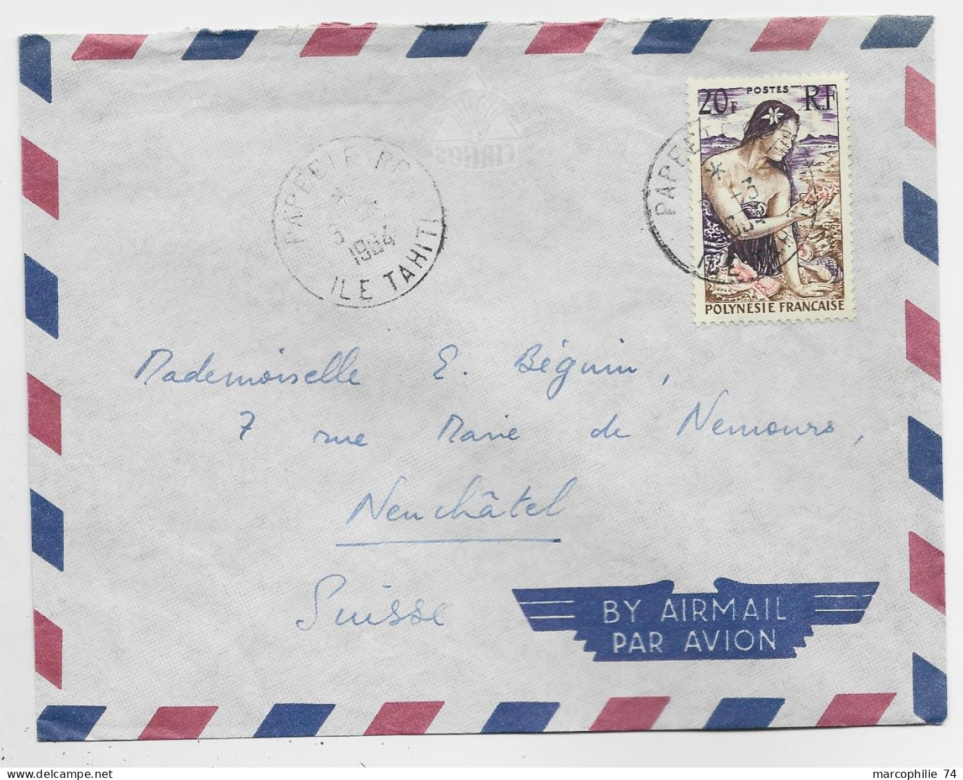 POLYNESIE 20FR SEUL LETTRE COVER AVION PAPEETE RP 1964 ILE TAHITI POUR SUISSE - Lettres & Documents