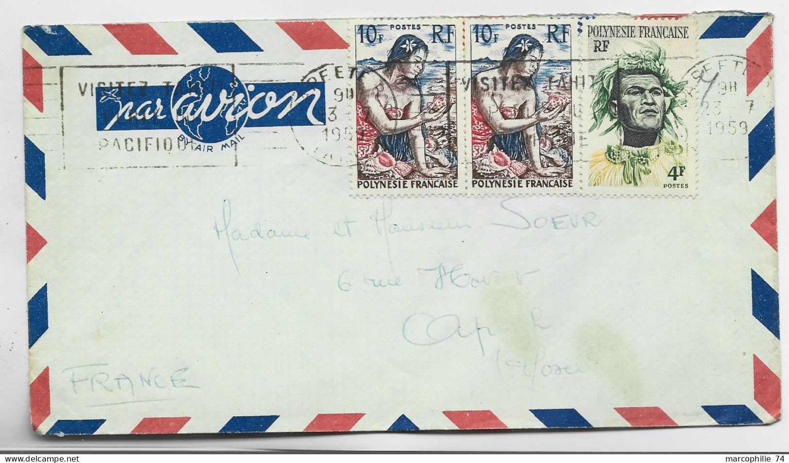 POLYNESIE 10FRX2+4FR  LETTRE COVER AVION PAPEETE 23.7.1959  ILE TAHITI POUR LA MOSELLE - Covers & Documents