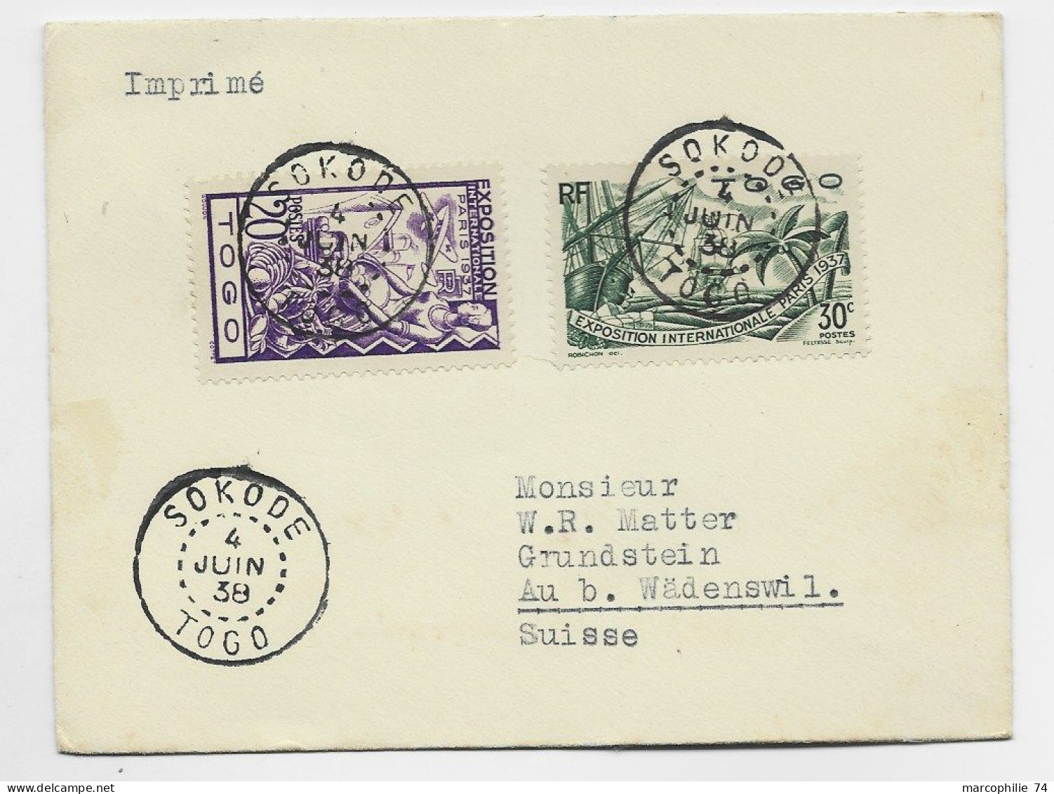 TOGO 30C+20C LETTRE COVER SOKODE 4 JUIN 1938 TO SUISSE - Lettres & Documents