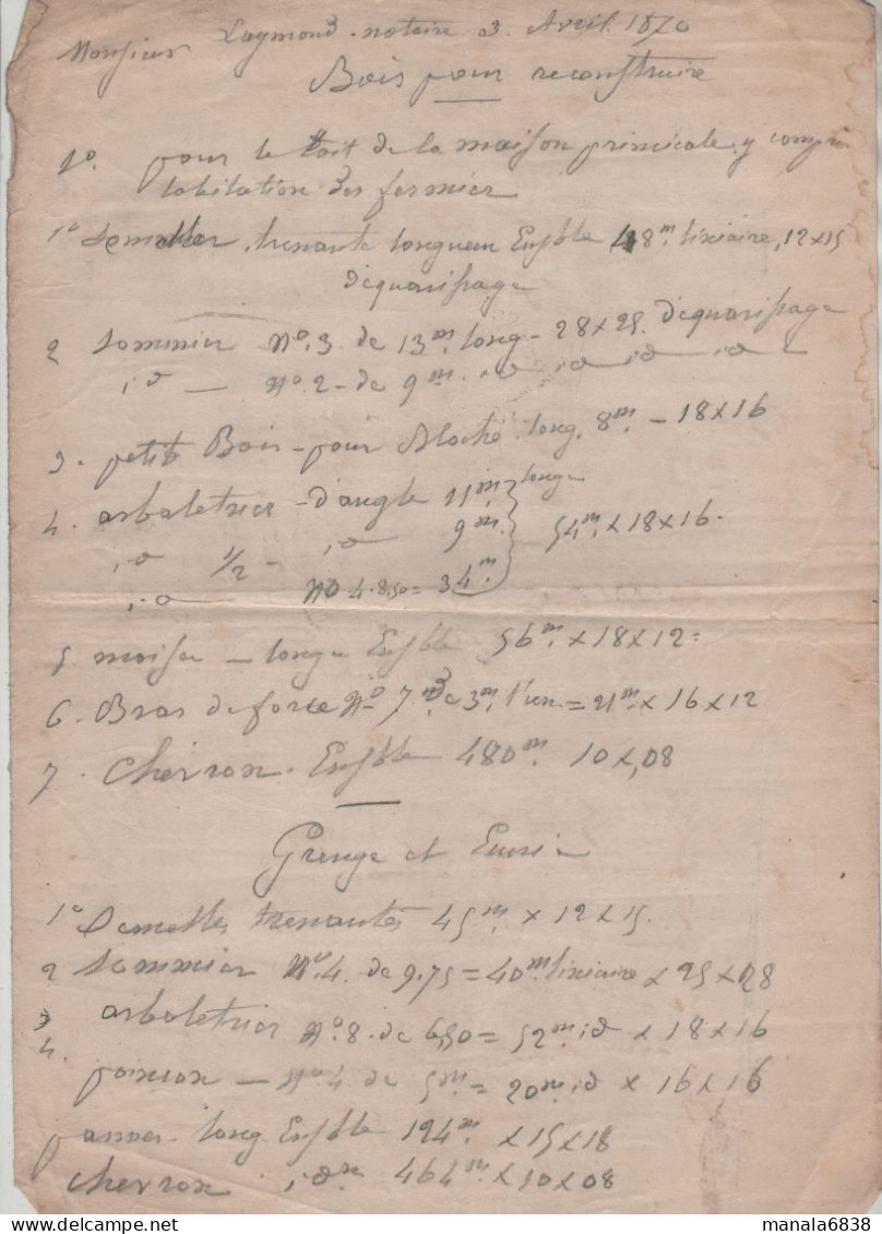 Incendie 1870 Laymond Saint Etienne De Cuines Bois Reconstruire Préjudice Cellier Chambres Salle à Manger... - Manuscrits