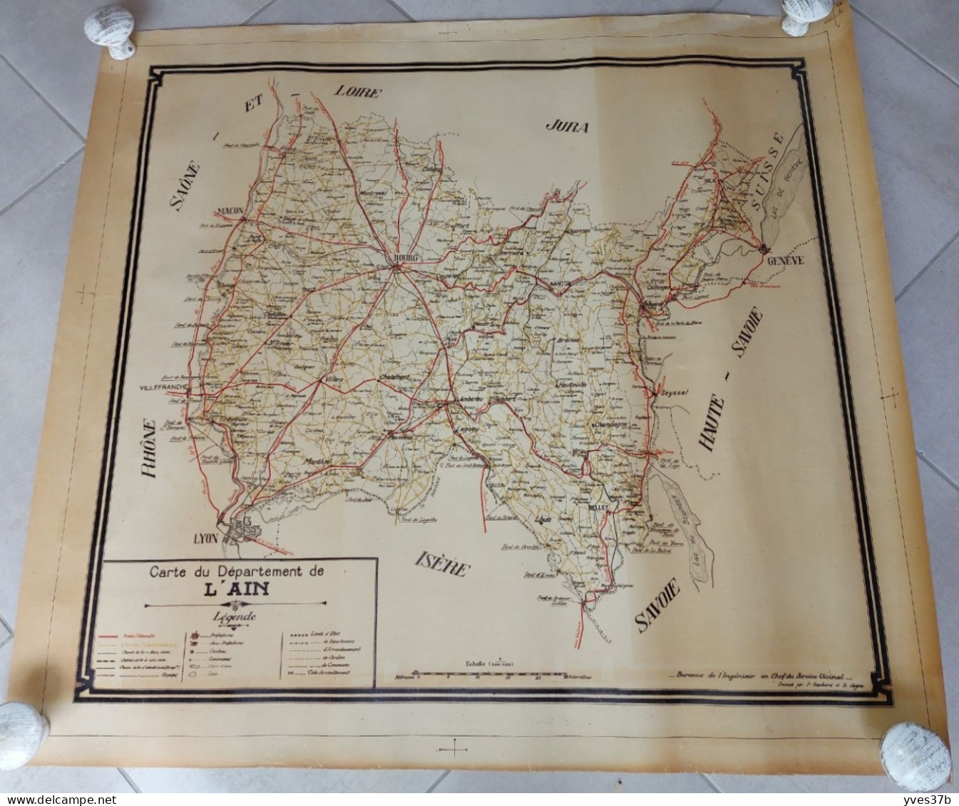 "Carte Ancienne Département De L'AIN" Dessinée Par Guichard & Sogno -72x79- TTB - Carte Geographique