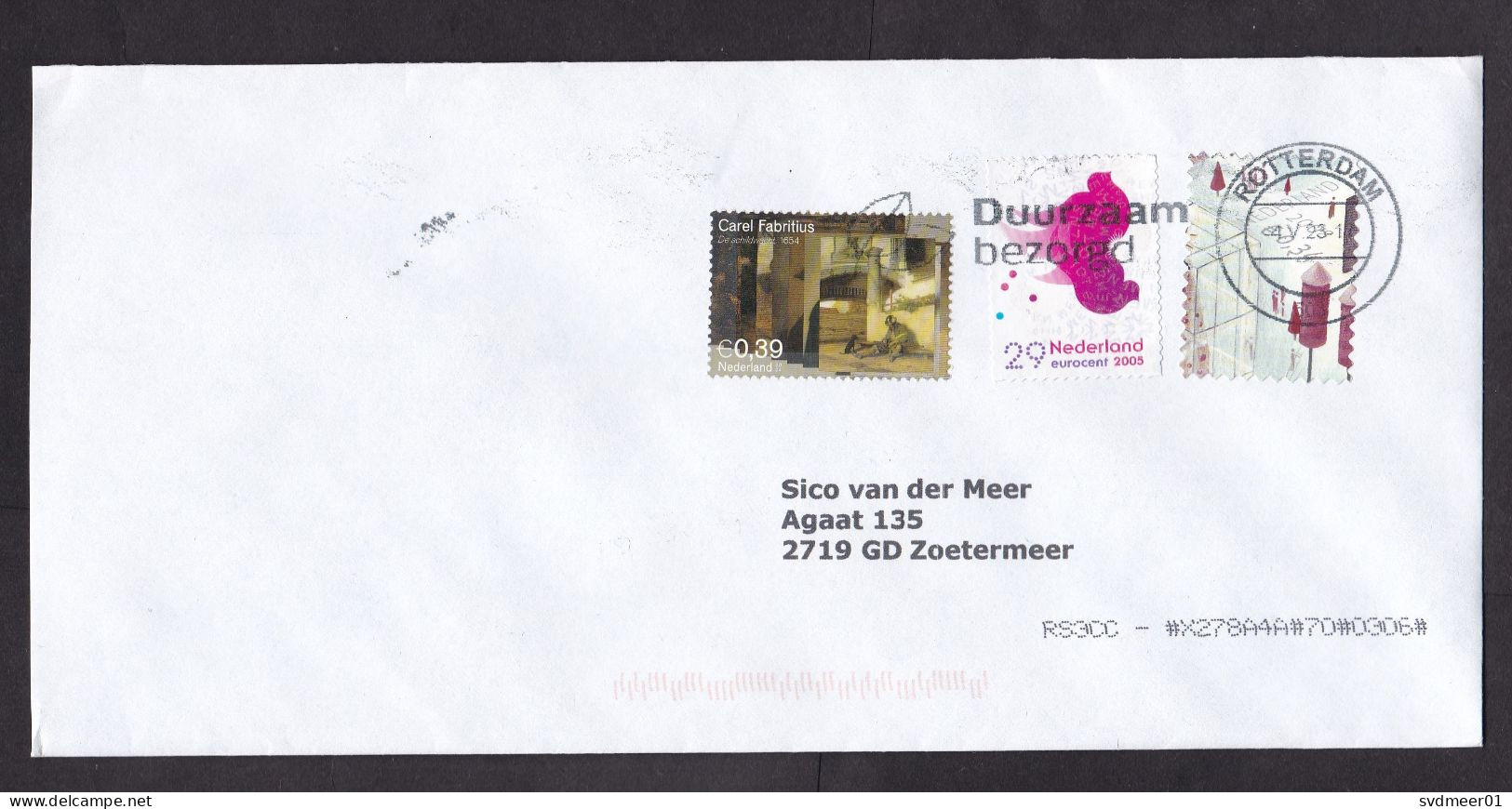 Netherlands: Cover, 2023, 3 Stamps, Carel Fabritius, Painting, Art, Christmas (traces Of Use) - Briefe U. Dokumente