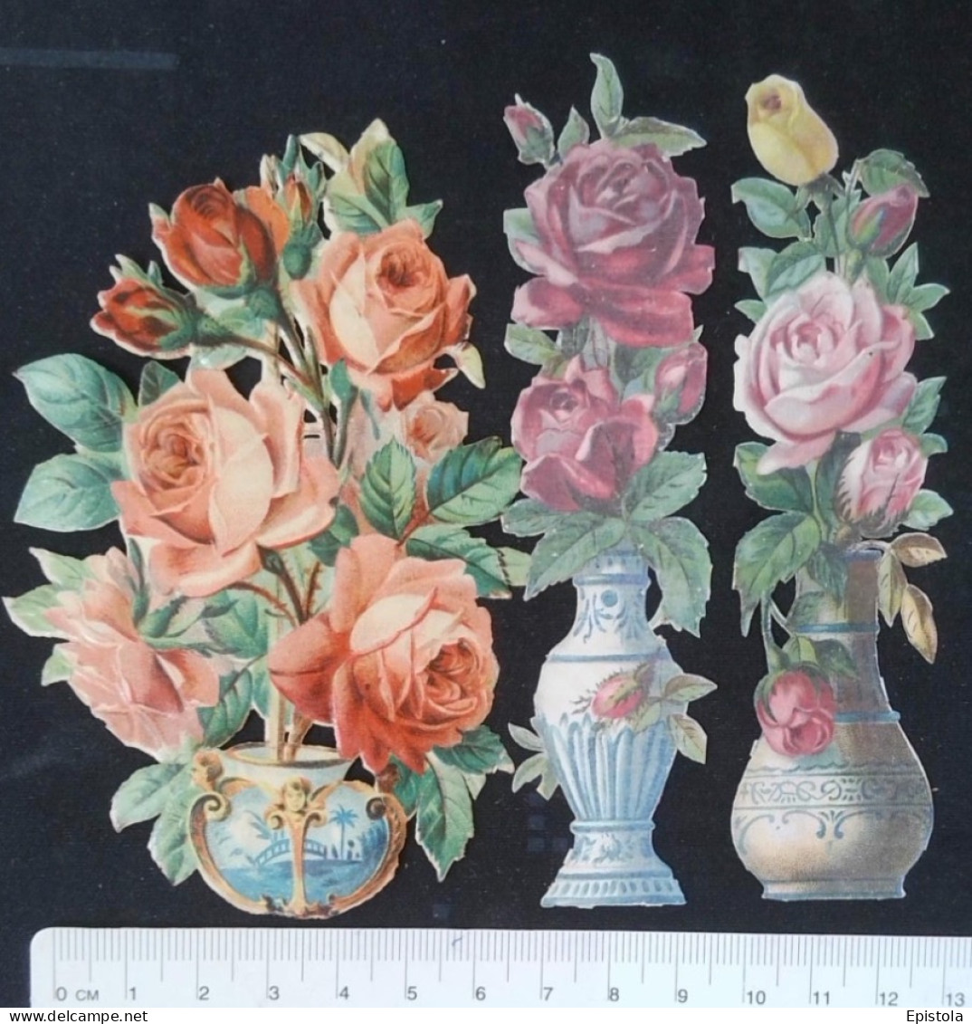 ► Lot 3 Vases Avec Fleurs   -  Decoupis époque Victorienne XIXe "Victorian Die-cuts" - Bloemen