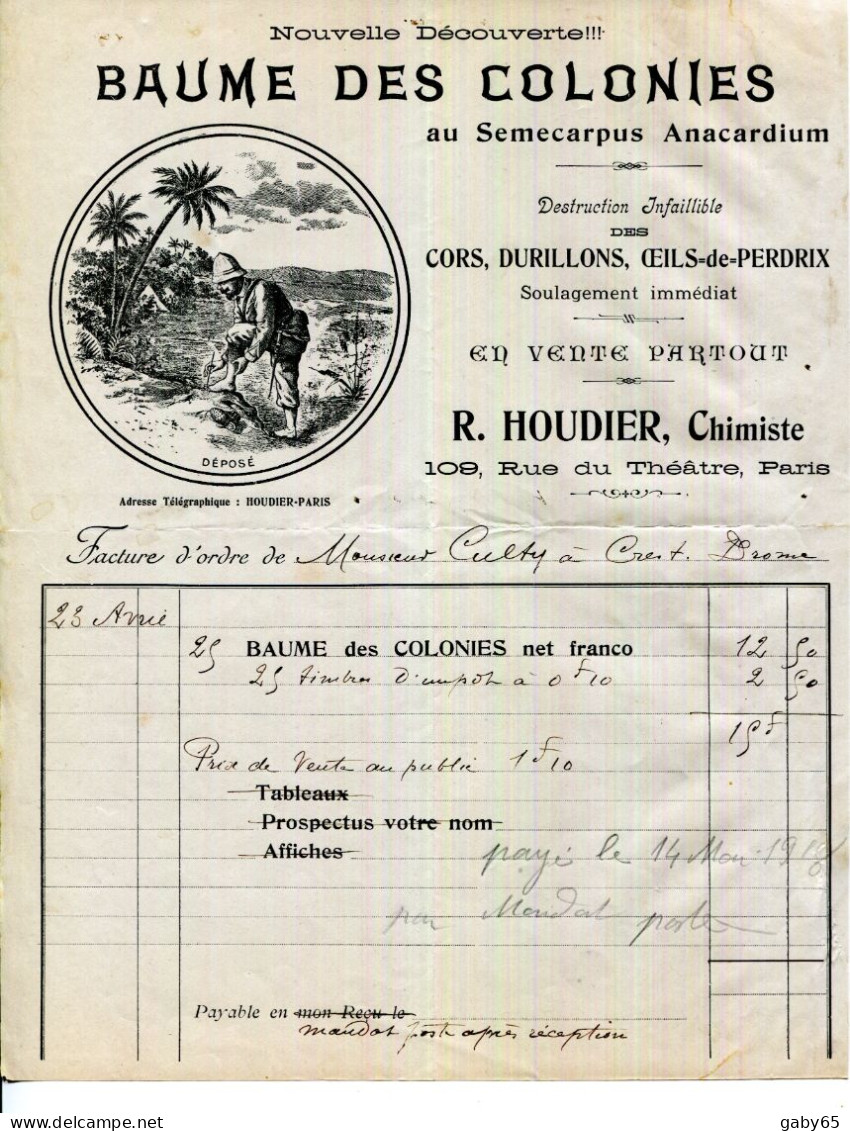 FACTURE.PARIS.BAUME DES COLONIES AU SEMCARPUS ANACARDIUM DESTRUCTION DES CORS,DURILLONS.R.HOUDIER. - Chemist's (drugstore) & Perfumery